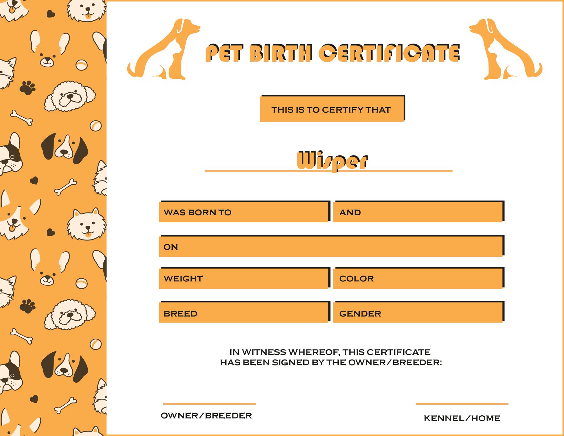 free dog birth certificate templates (printable) - wordlayouts