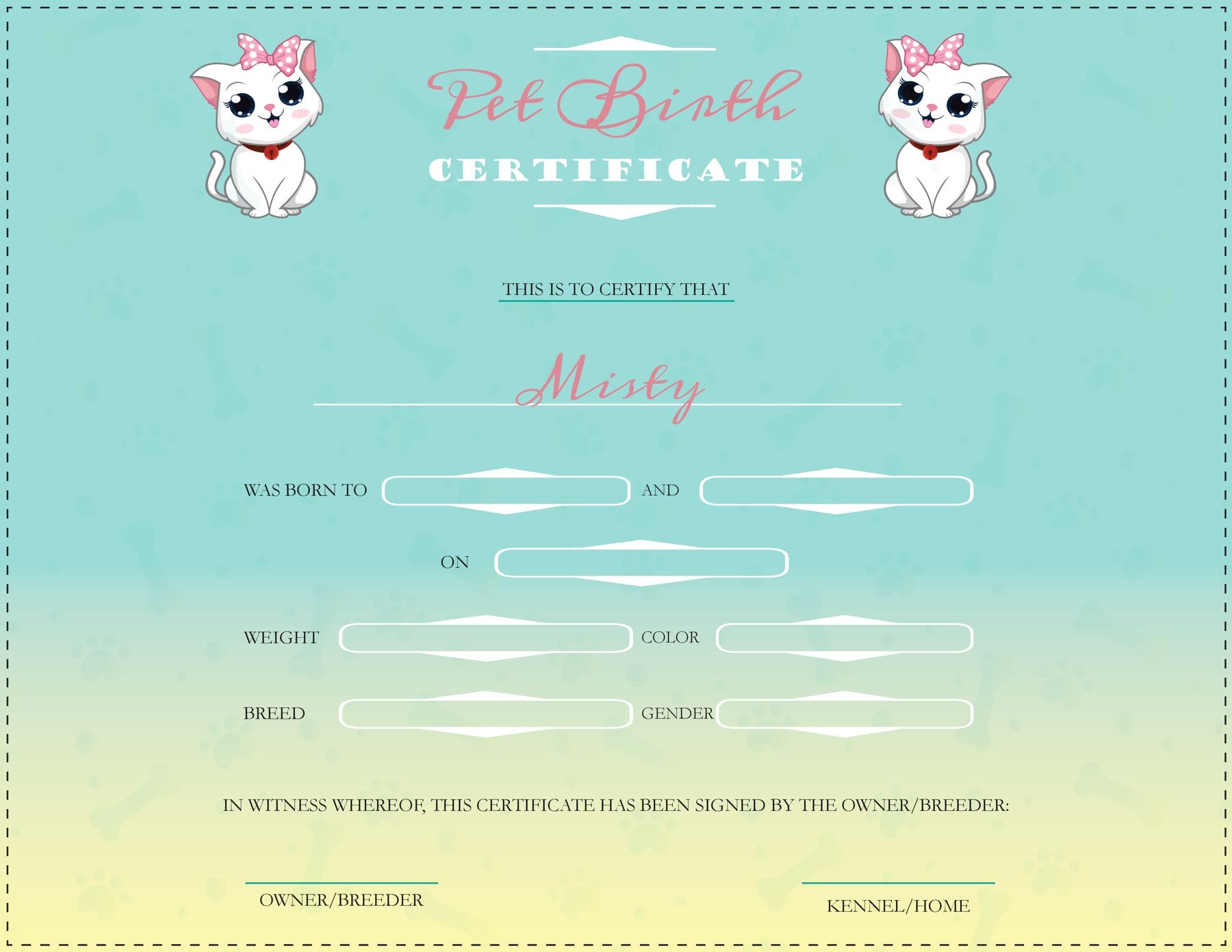 Free Dog Birth Certificate Templates (Printable) - WordLayouts for Cat Birth Certificate Free Printable