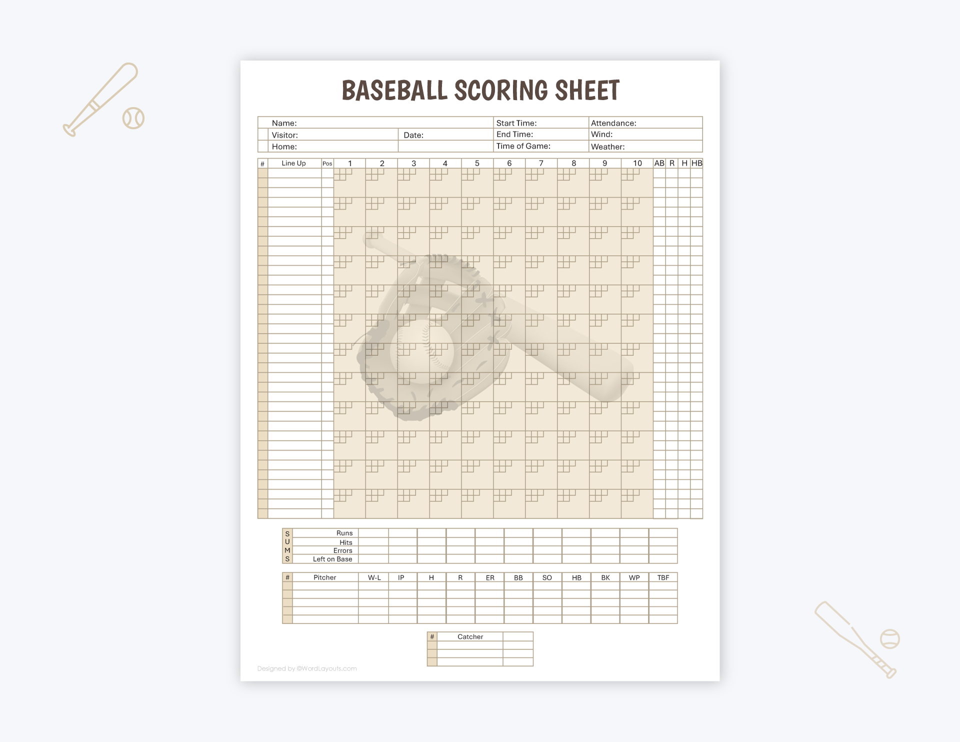 Baseball Scorecard With Pitch Count Sheet Oversized Baseball