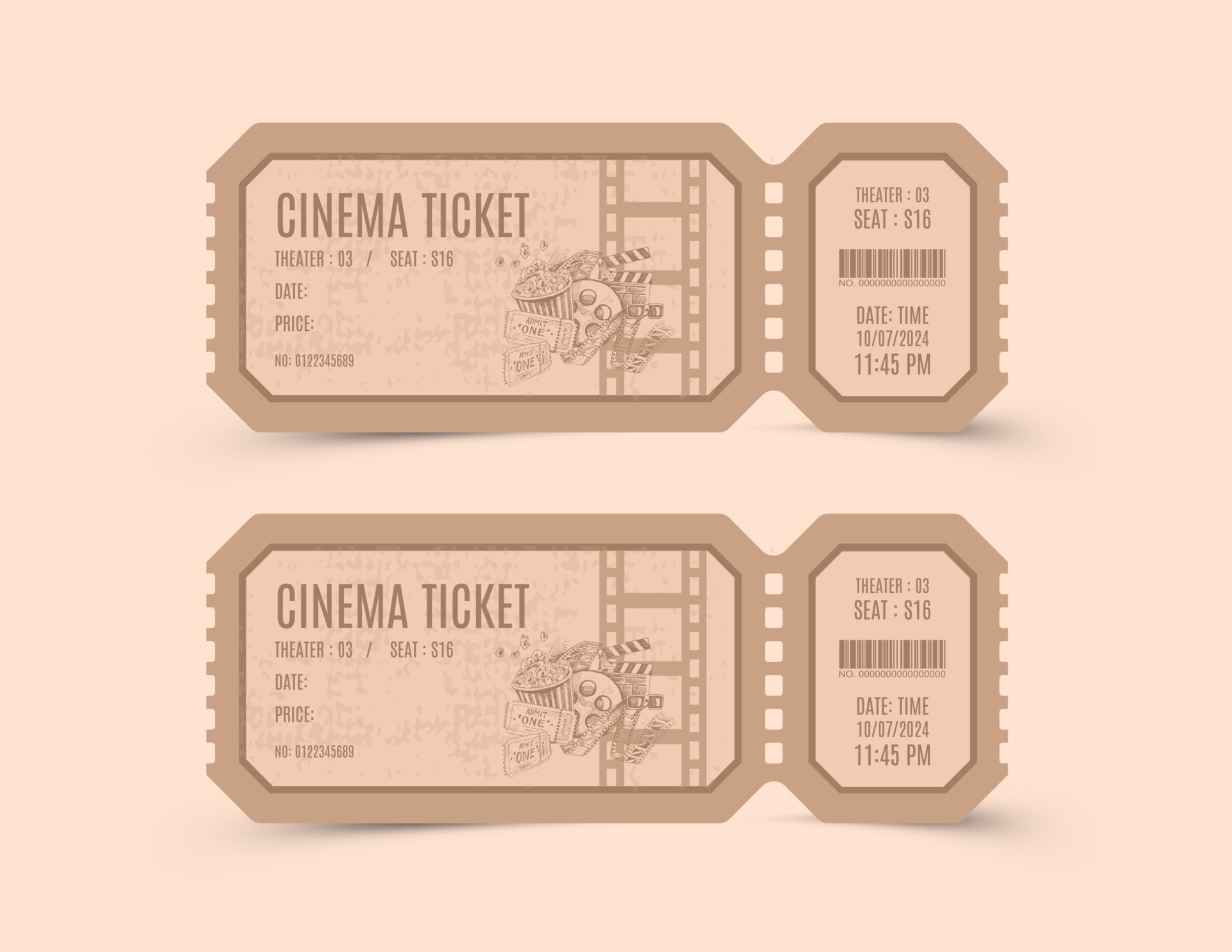 Classic Film Night Cinema Ticket Template - Customizable - Adobe Illustrator