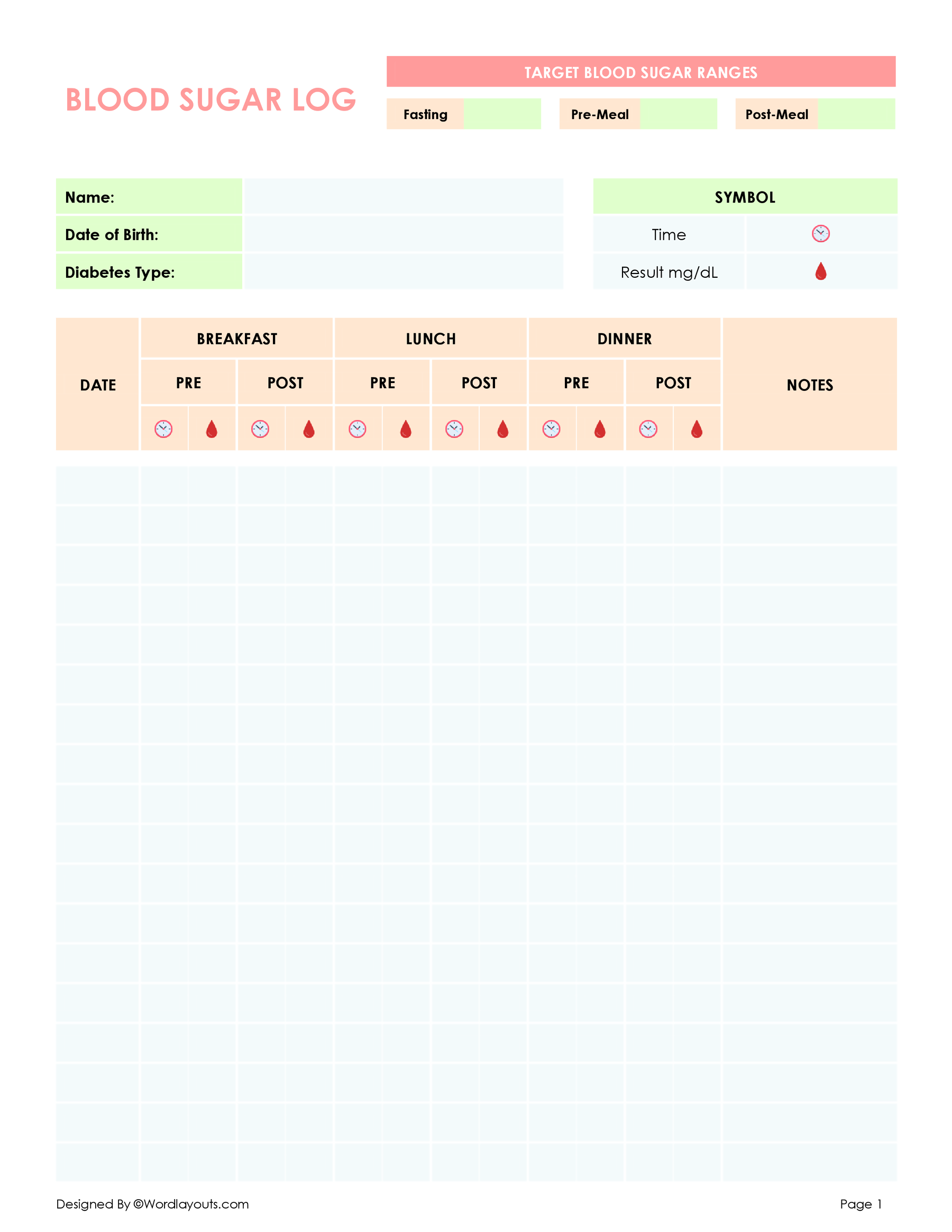 simple-blood-sugar-log-sheets-edit-printable-wordlayouts for Large Print Monthly Free Printable Blood Sugar Log Sheet Simple Blood Sugar Log Sheets (Edit & Printable) - WordLayouts for Large Print Monthly Free Printable Blood Sugar Log Sheet