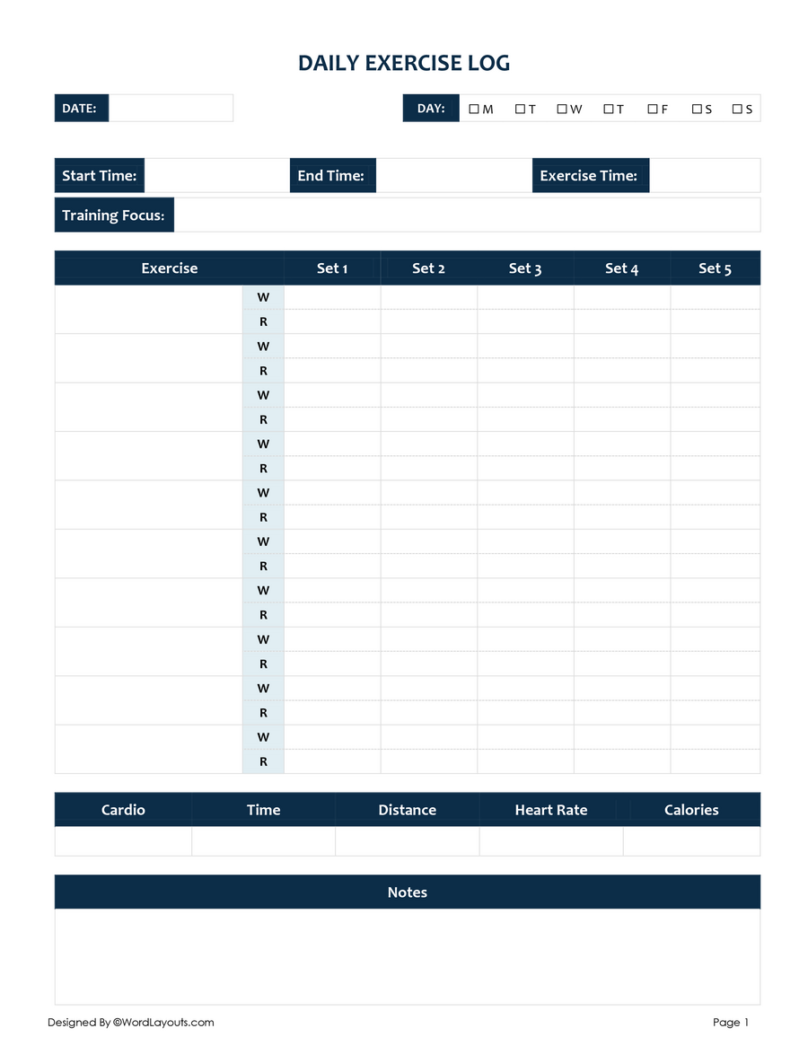 Free Workout Log Templates (Daily - Weekly) - WordLayouts