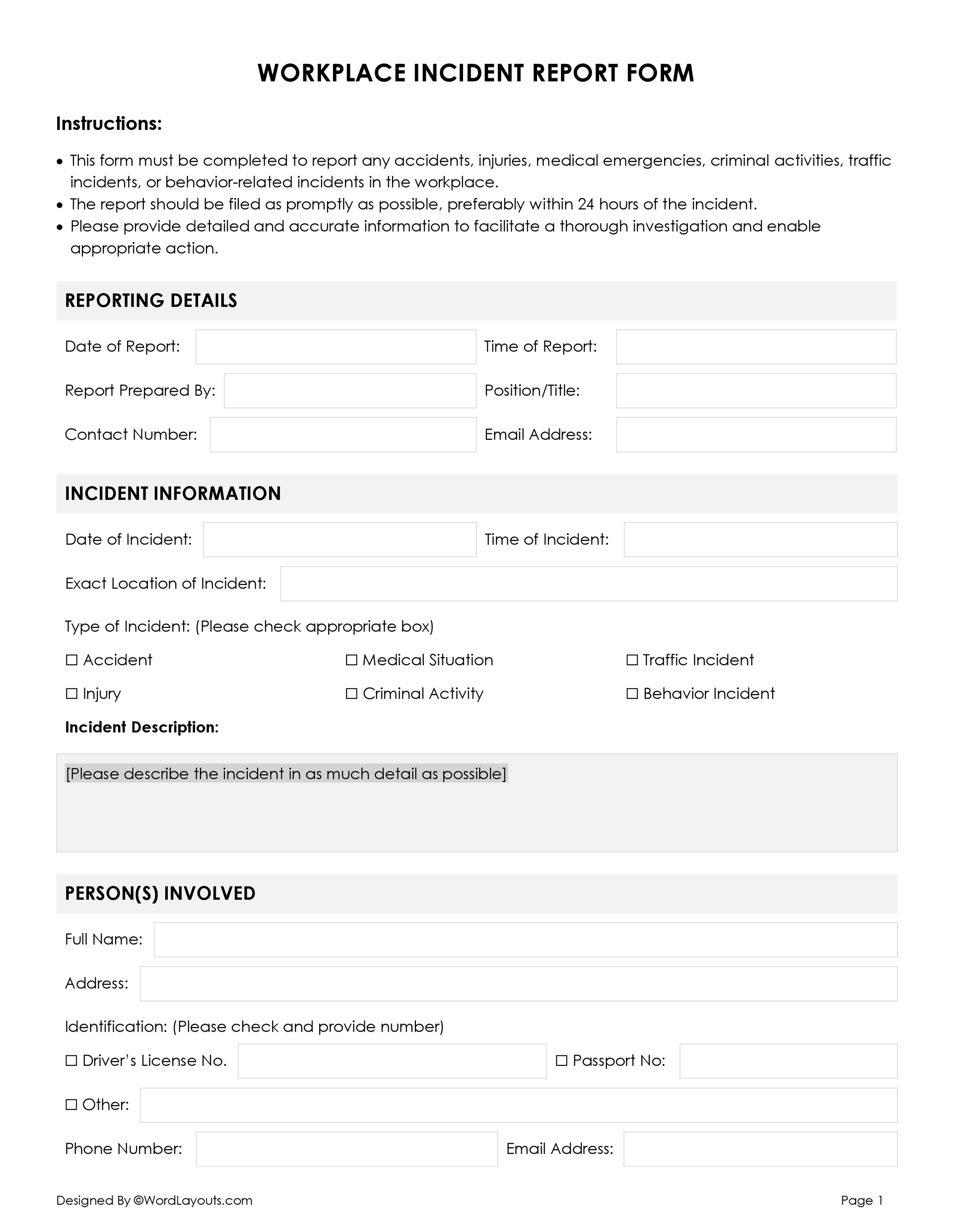 Free Printable Incident Report Template Free Printable Incident Report Template