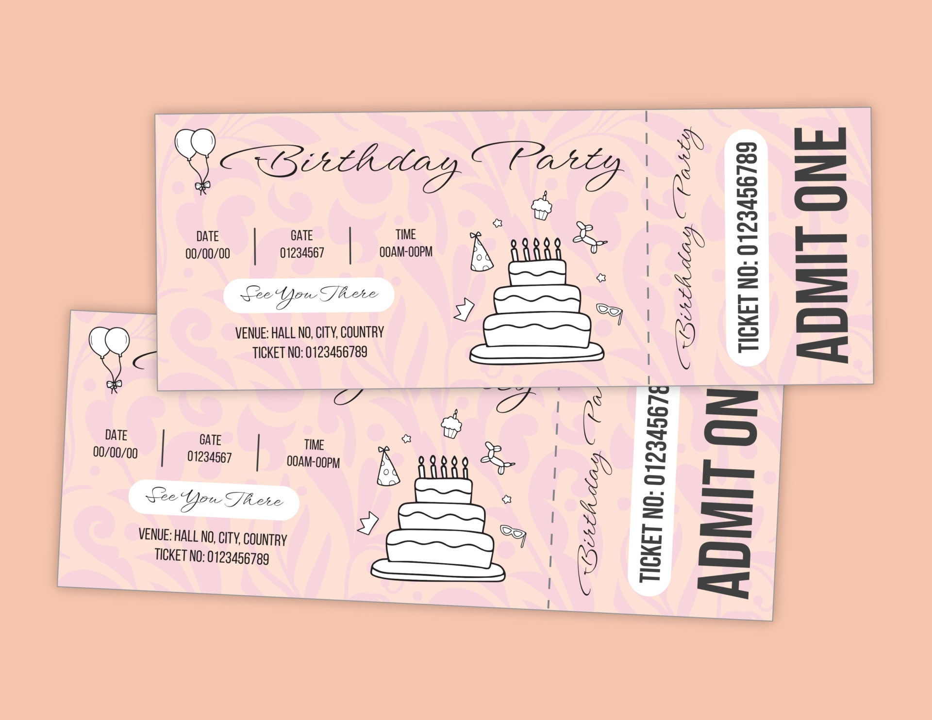 Pink Birthday Party Ticket Template - Customizable