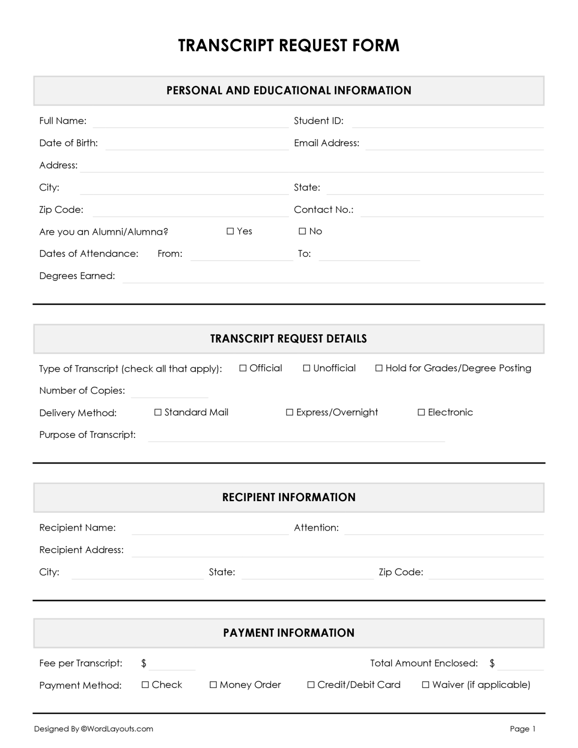 Free Transcript Request Form Template - WordLayouts