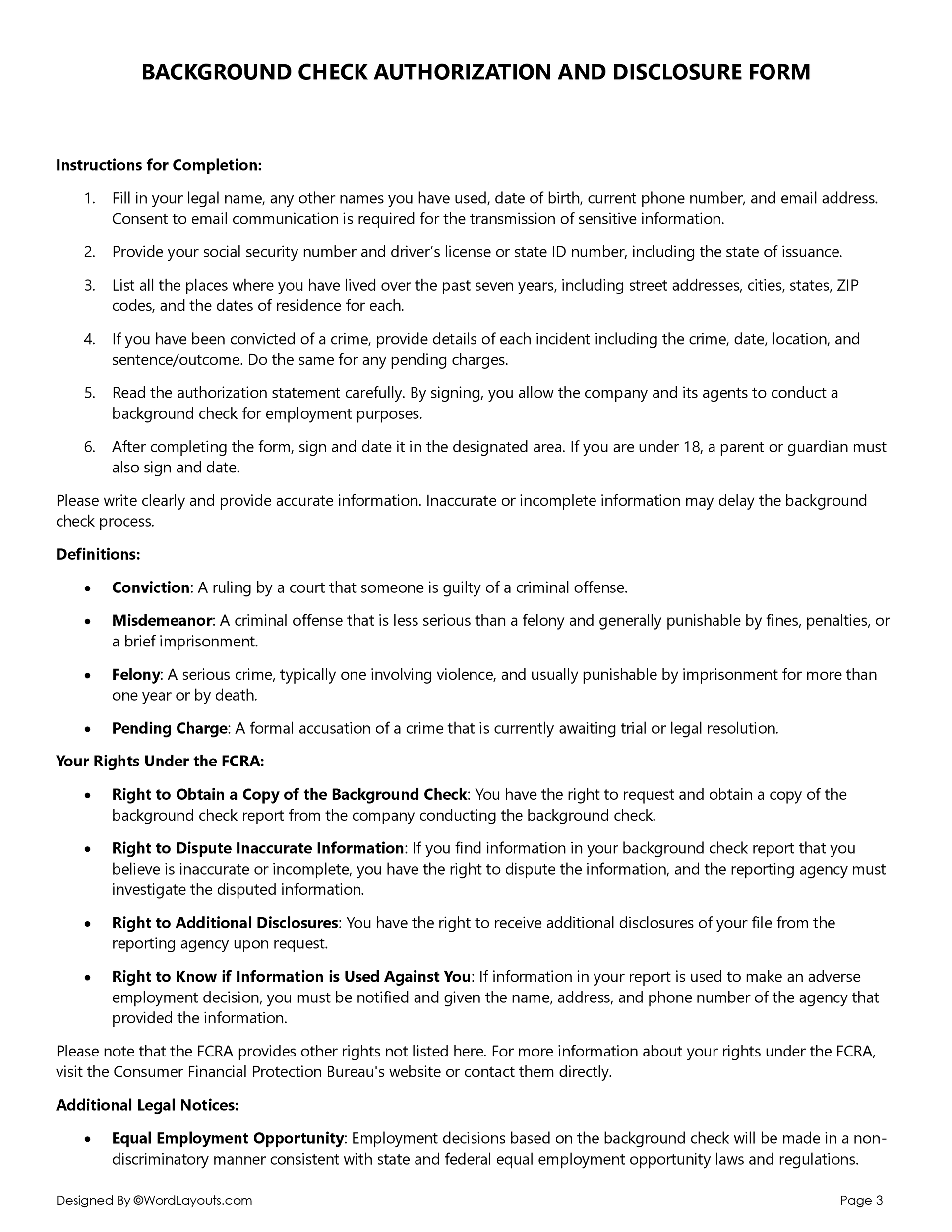 Editable Background Check Authorization and Disclosure Form <a href=