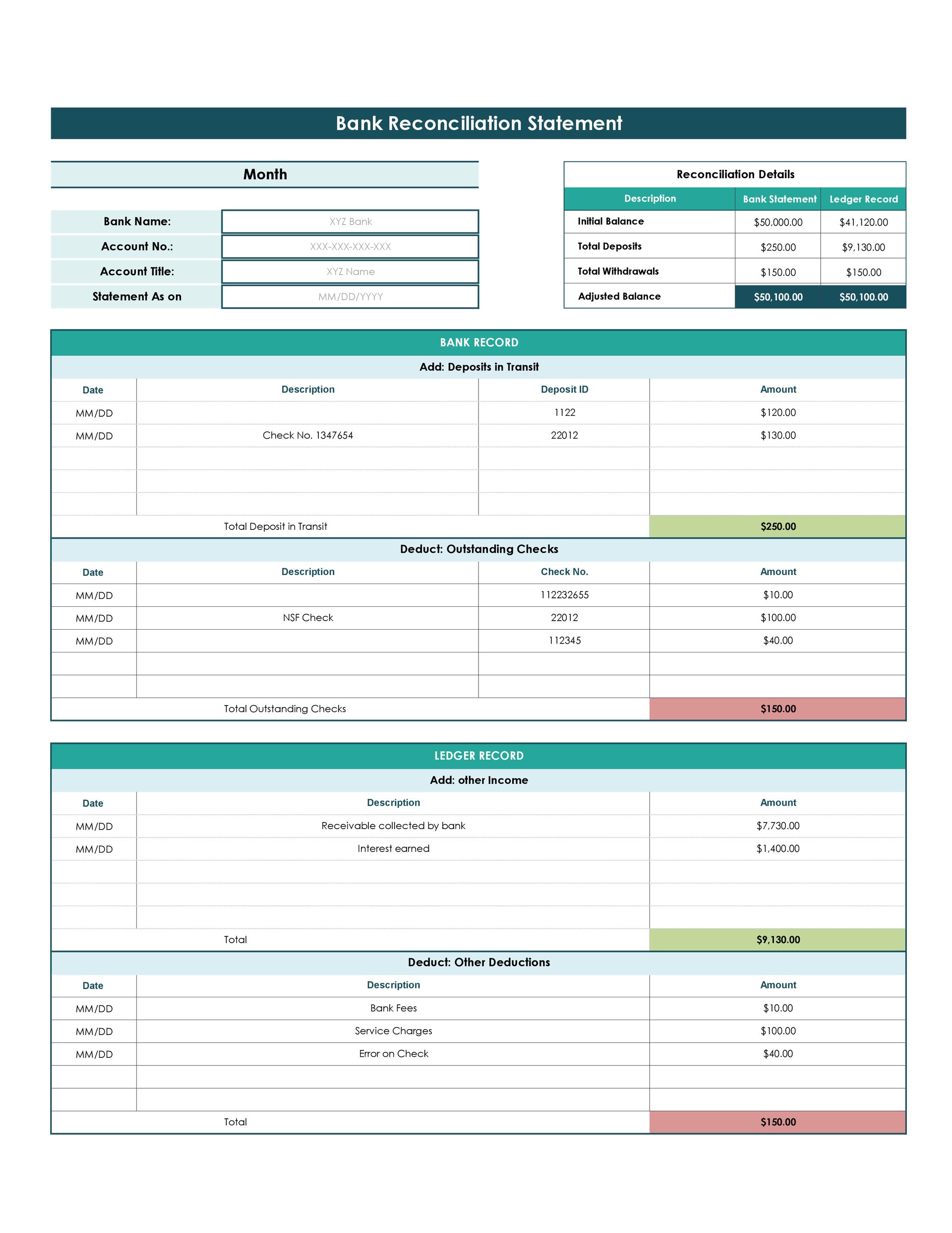 free bank reconciliation templates for excel & gsheets - wordlayouts