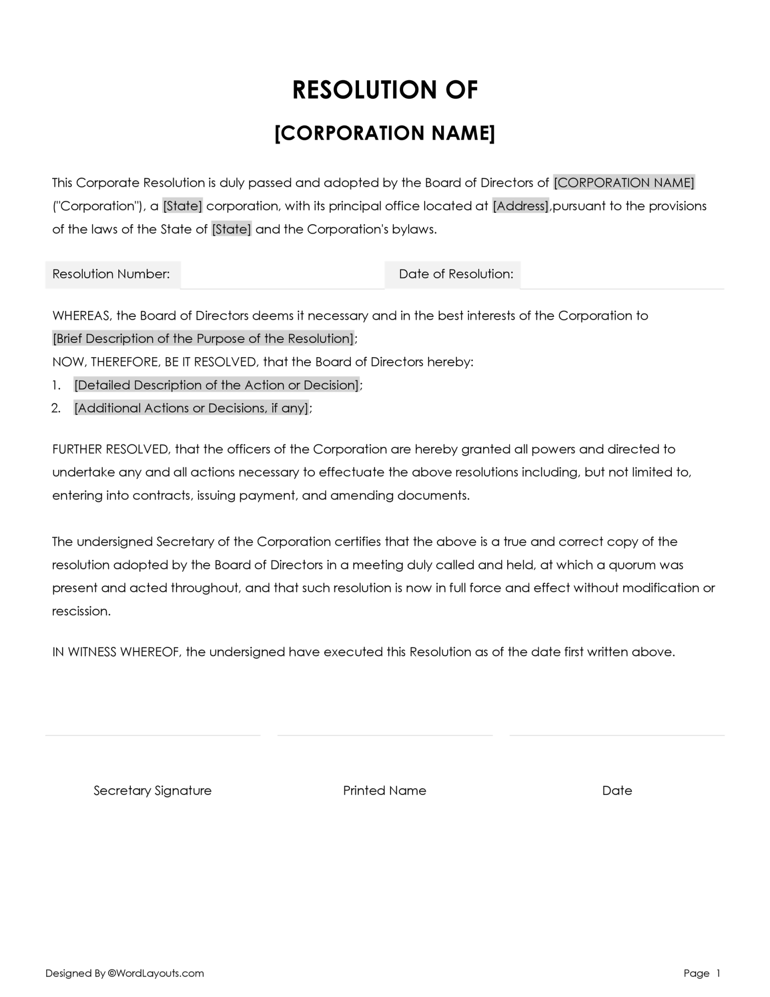 Free Board Resolution Template - WordLayouts