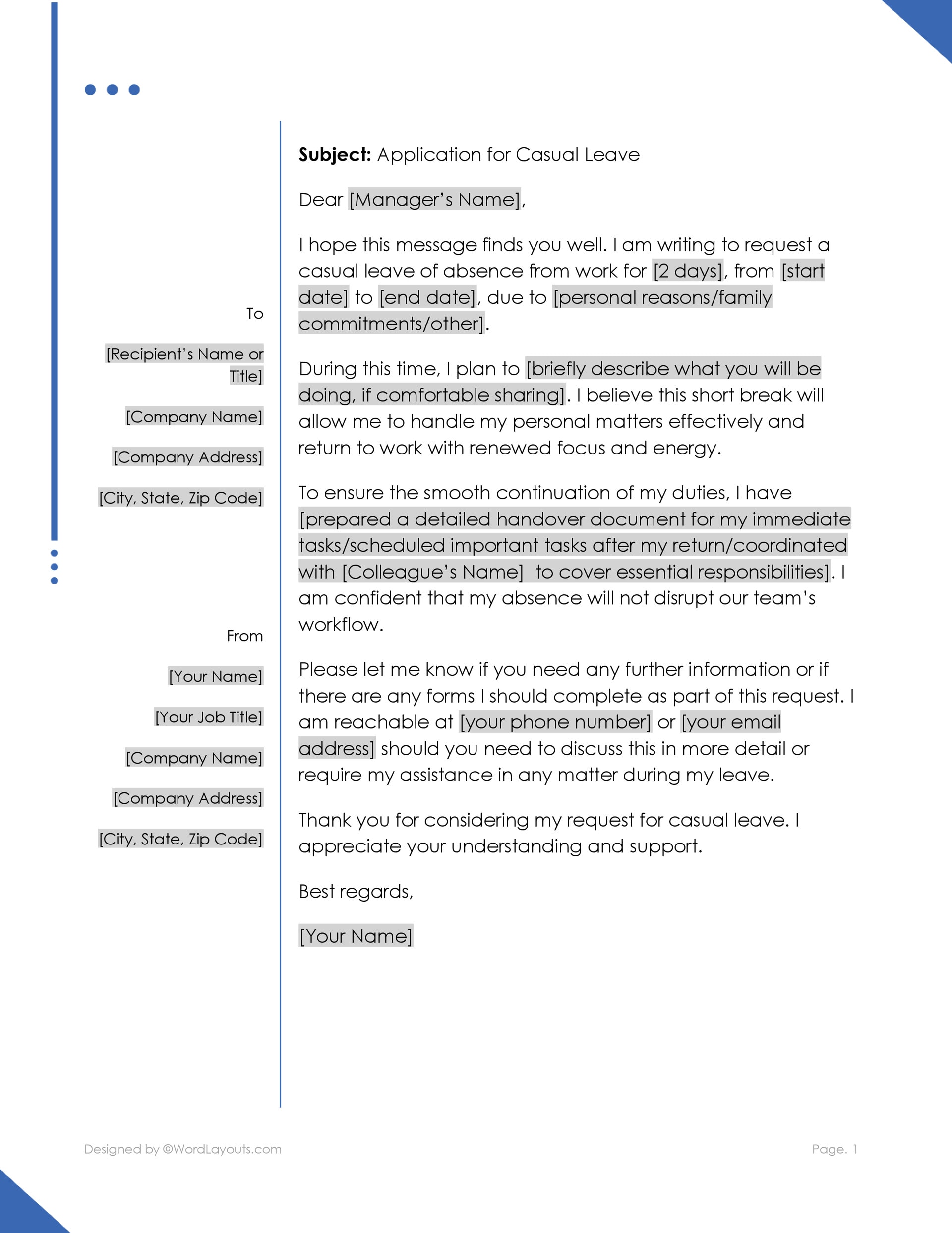 Office Casual Leave Application Template - Editable - Word