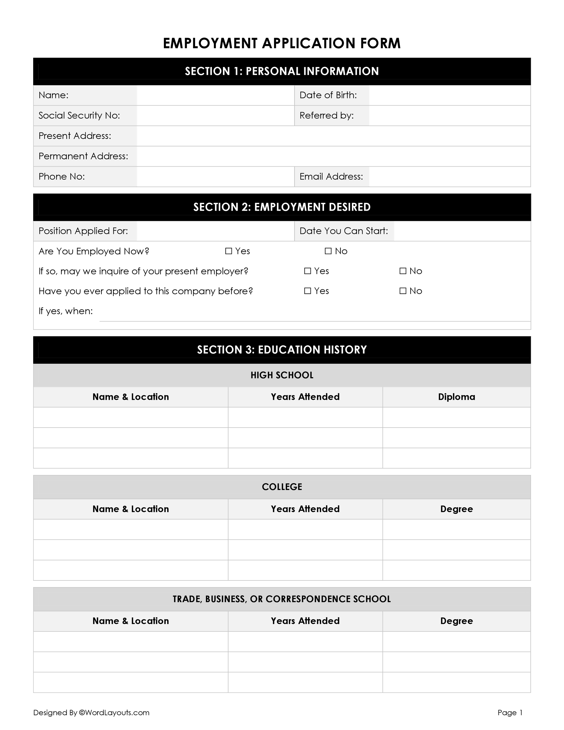 Free Employment Application Form Template WordLayouts Free Employment Application Form Template WordLayouts