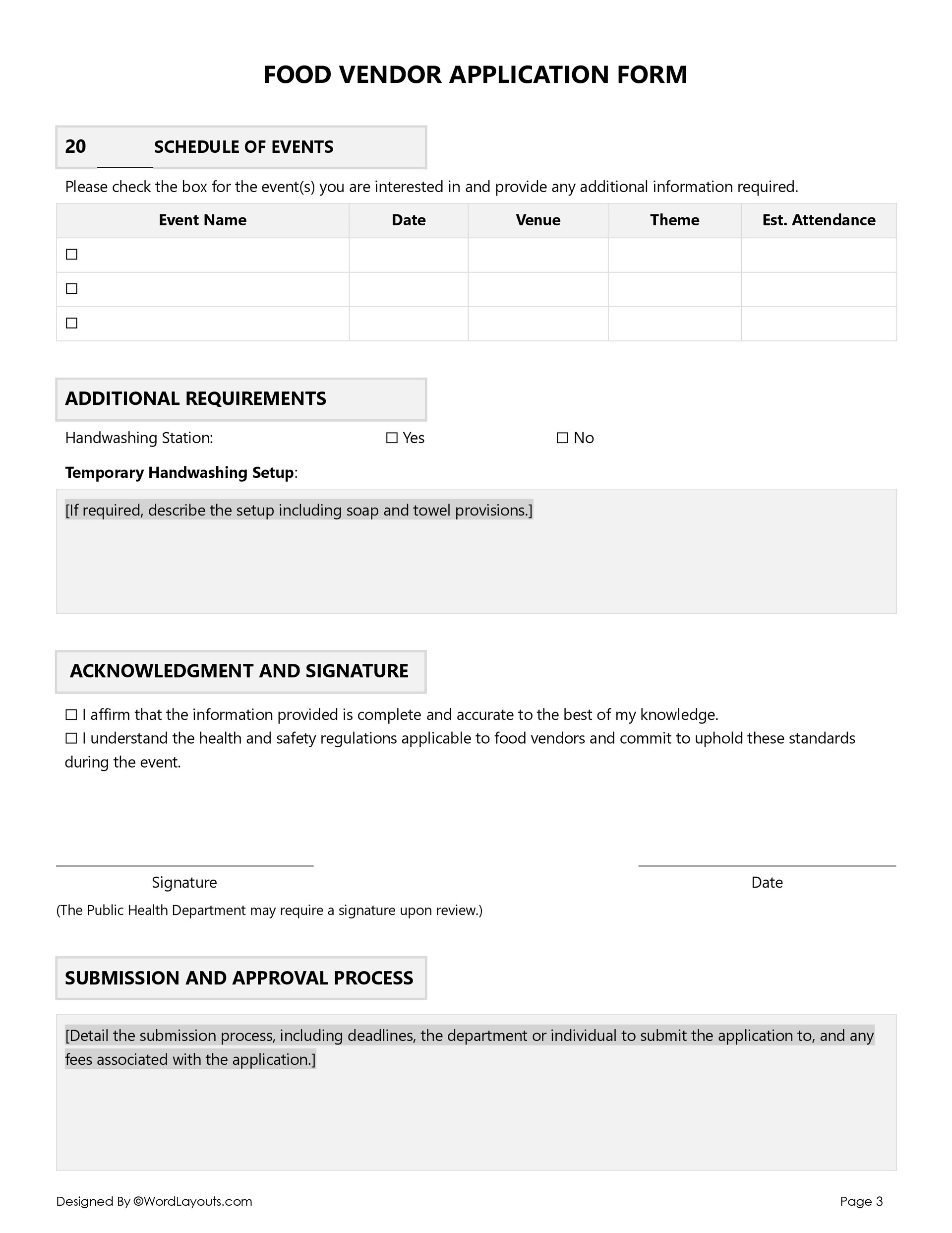 Free Food Vendor Application Form Template - Word and Google Docs - Page 03