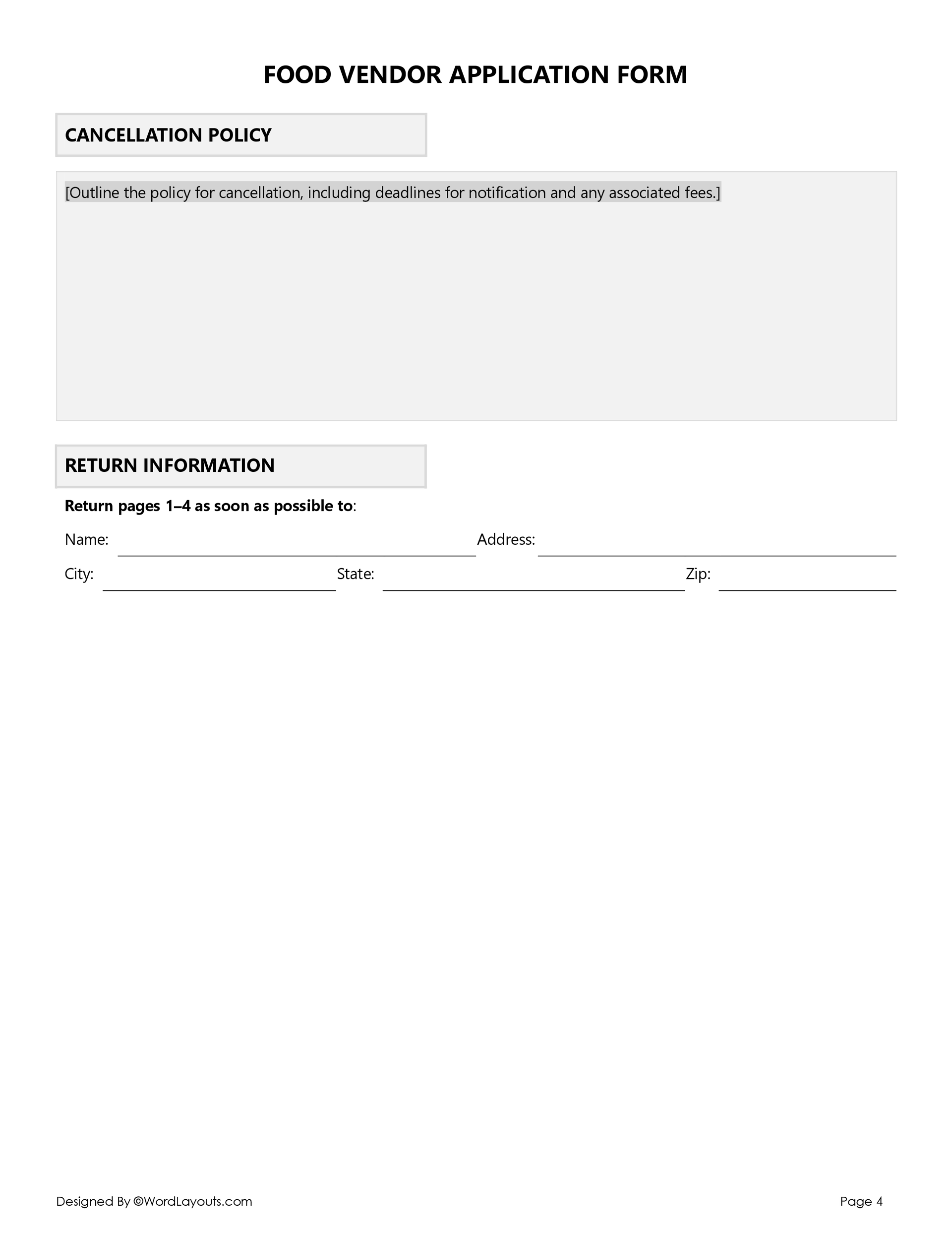Free Food Vendor Application Form Template - Word and Google Docs - Page 04