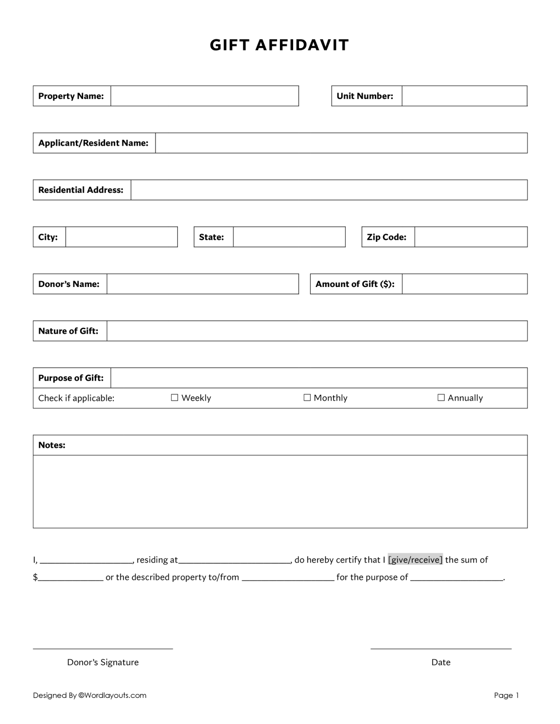 Free Gift Affidavit Templates - WordLayouts