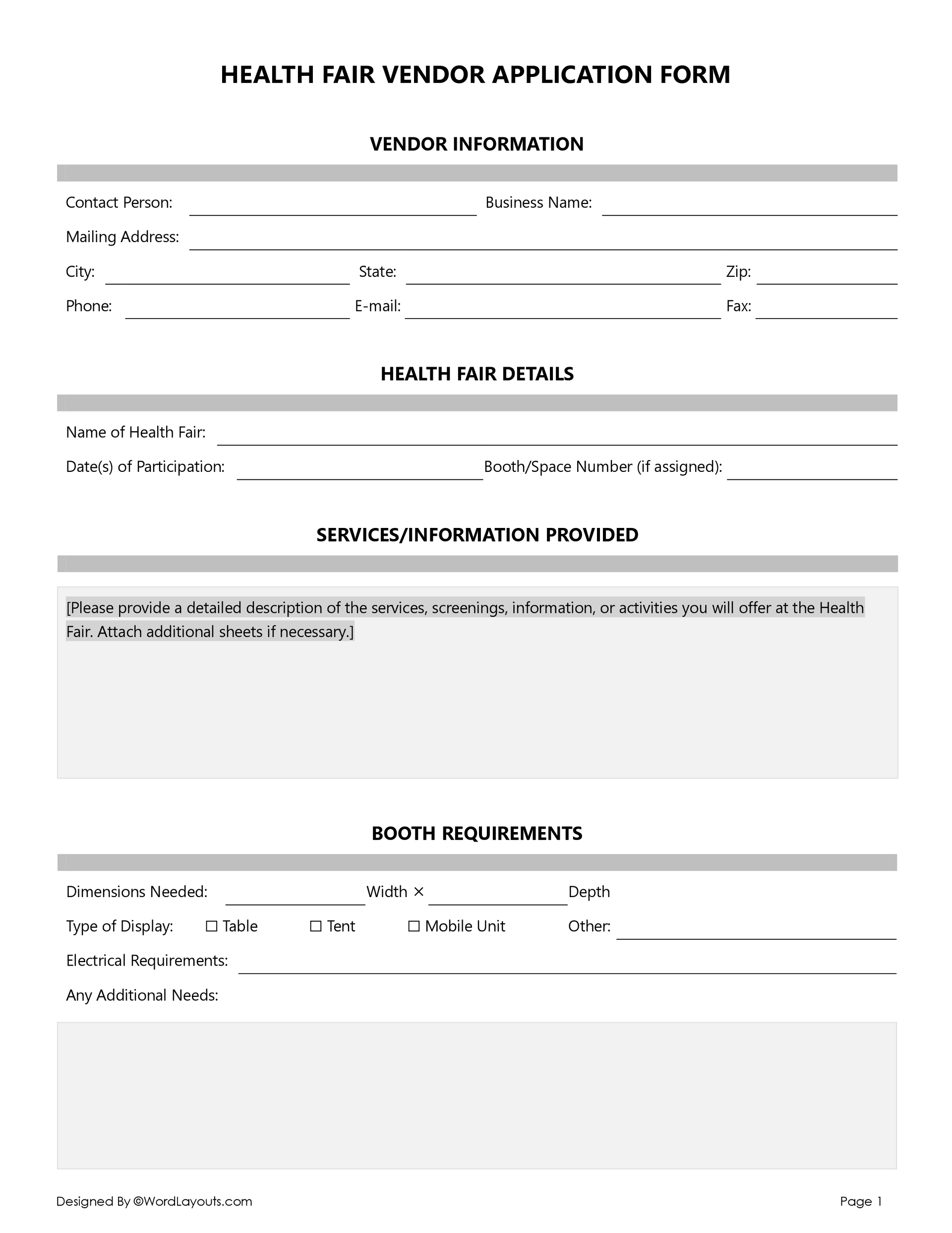 Free Health Fair Vendor Application Template - Word and Google Docs