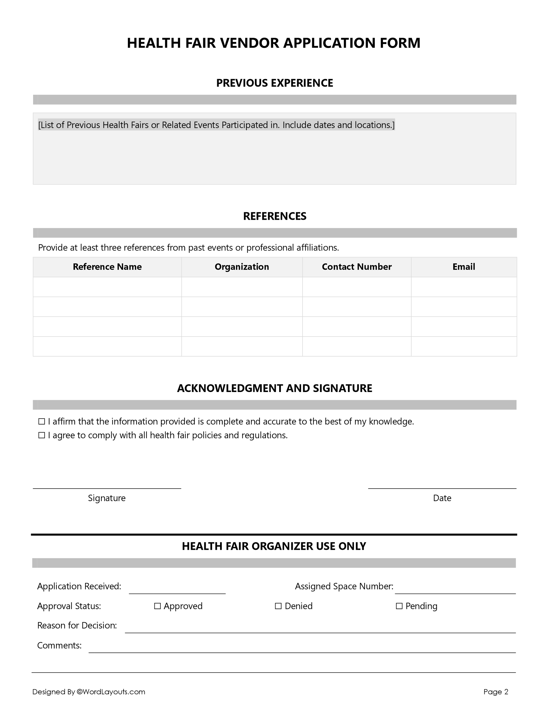 Free Health Fair Vendor Application Template - Word and Google Docs - Page 02