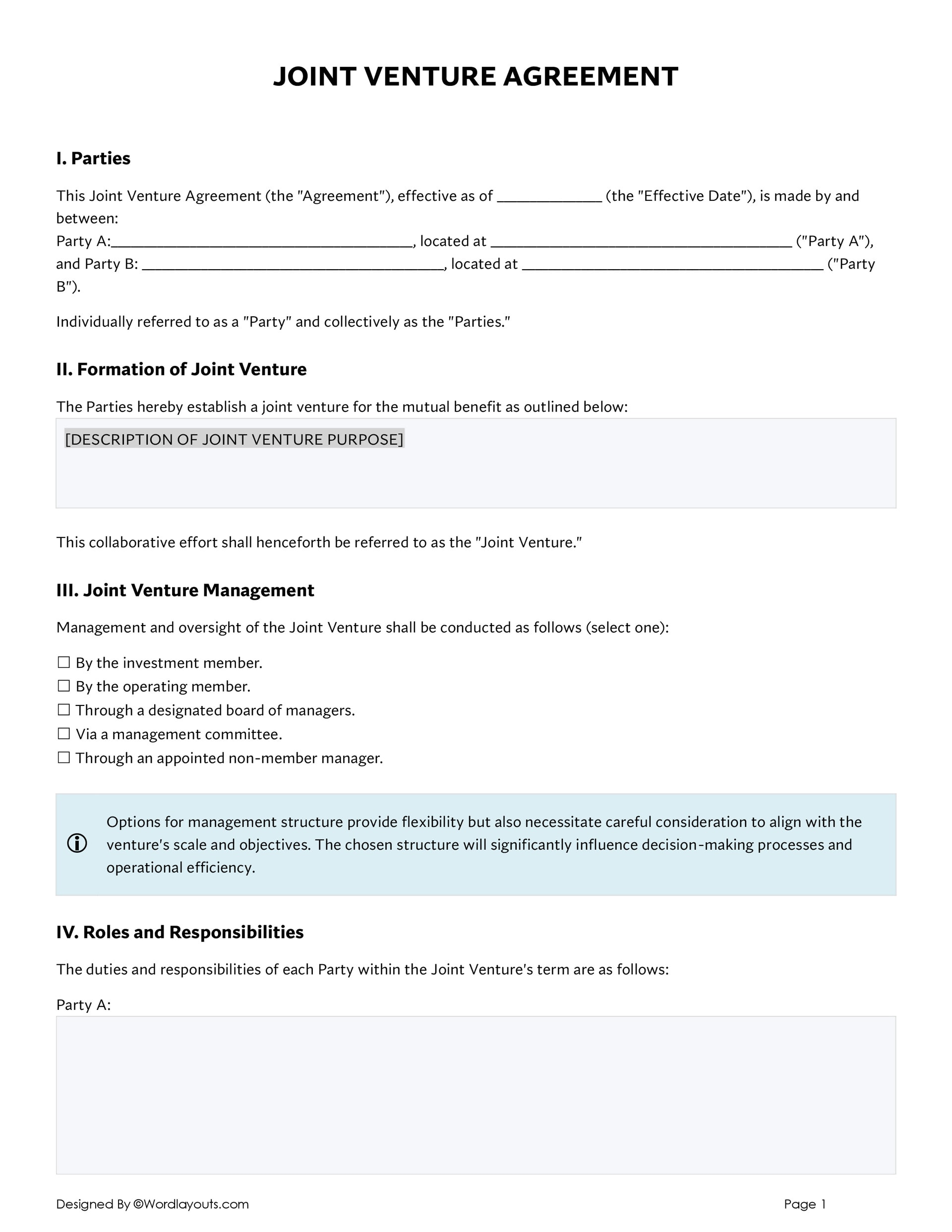 Joint Venture Agreement Template - Word and Google Docs