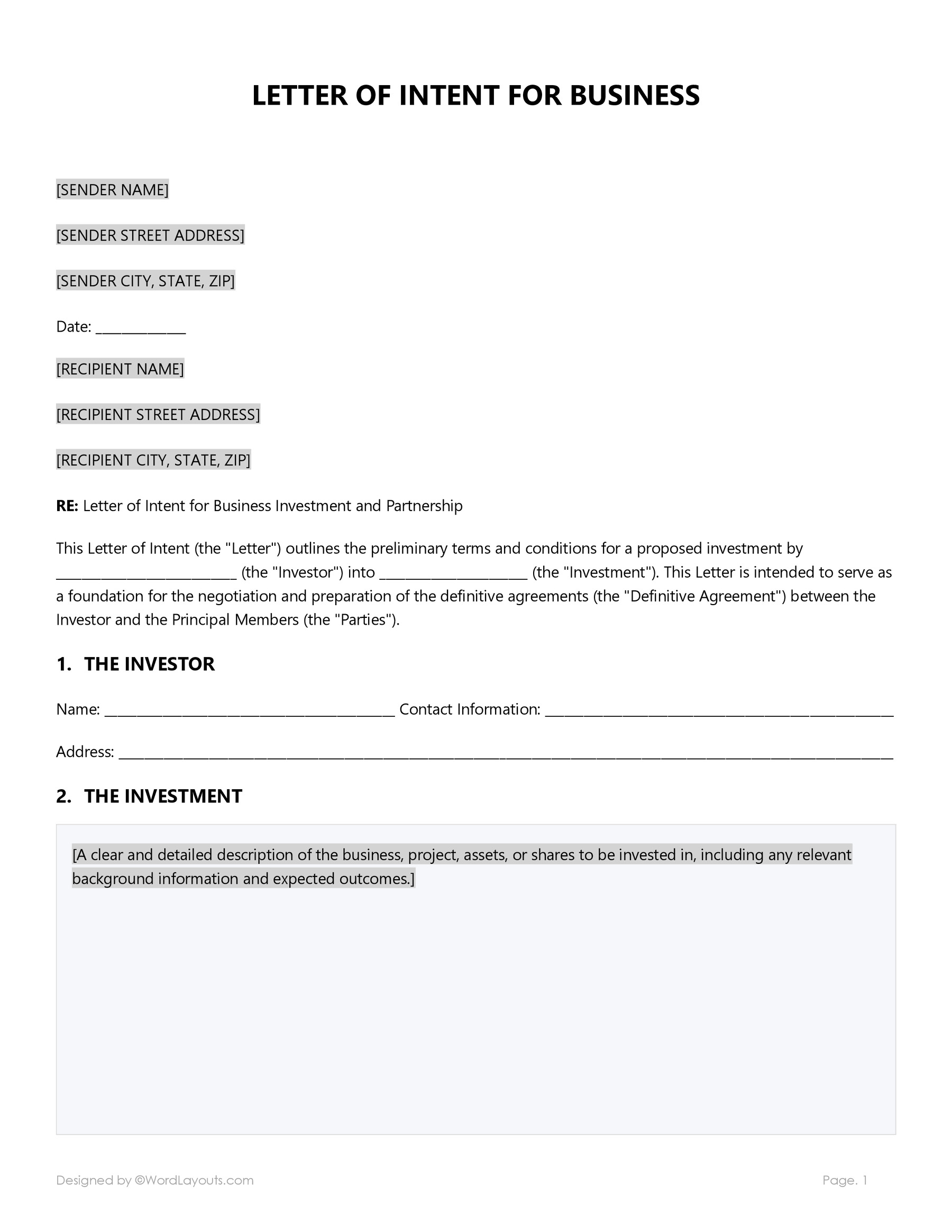 Business Letter Of Intent Template