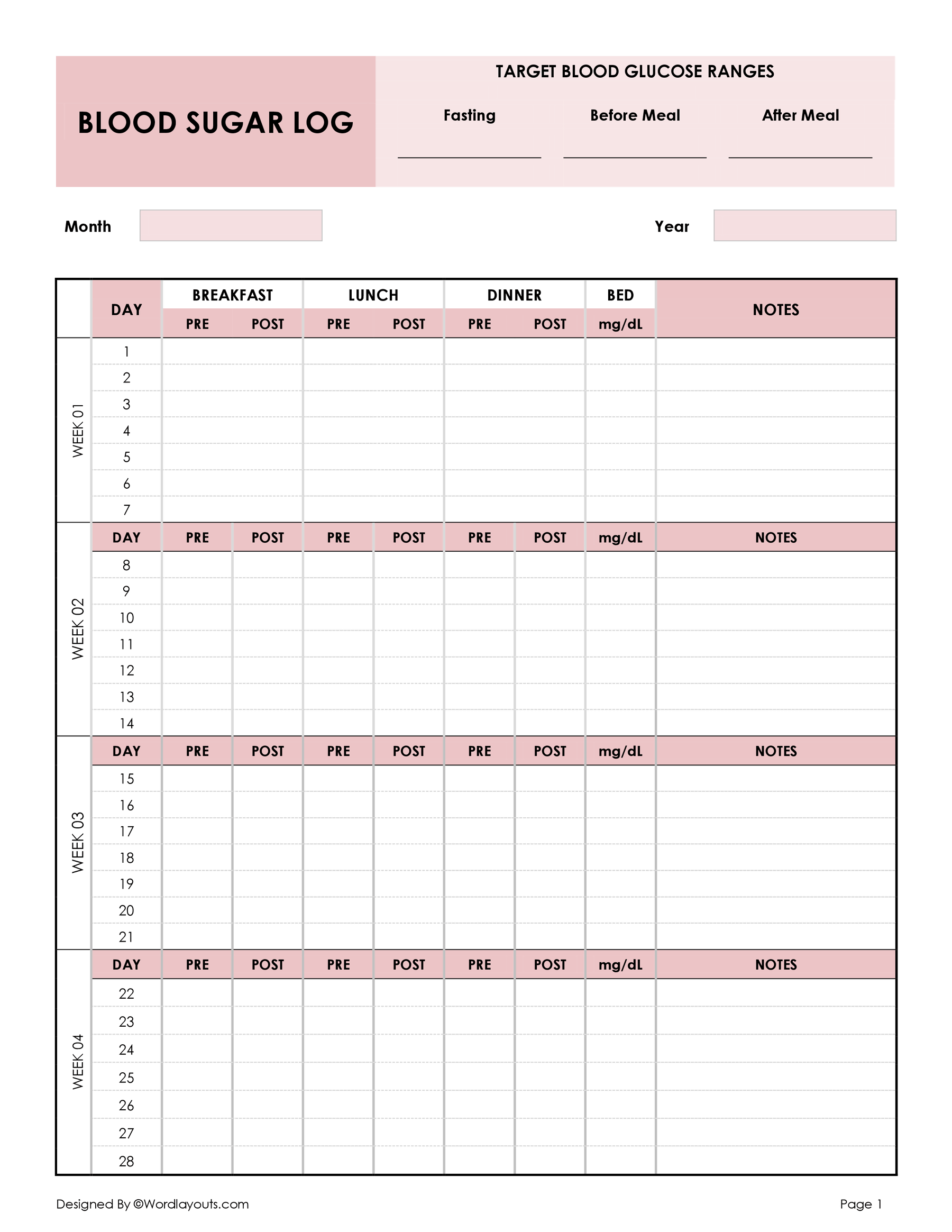 monthly blood sugar log template 01 867960nmv simple blood sugar log sheets (edit & printable) - wordlayouts