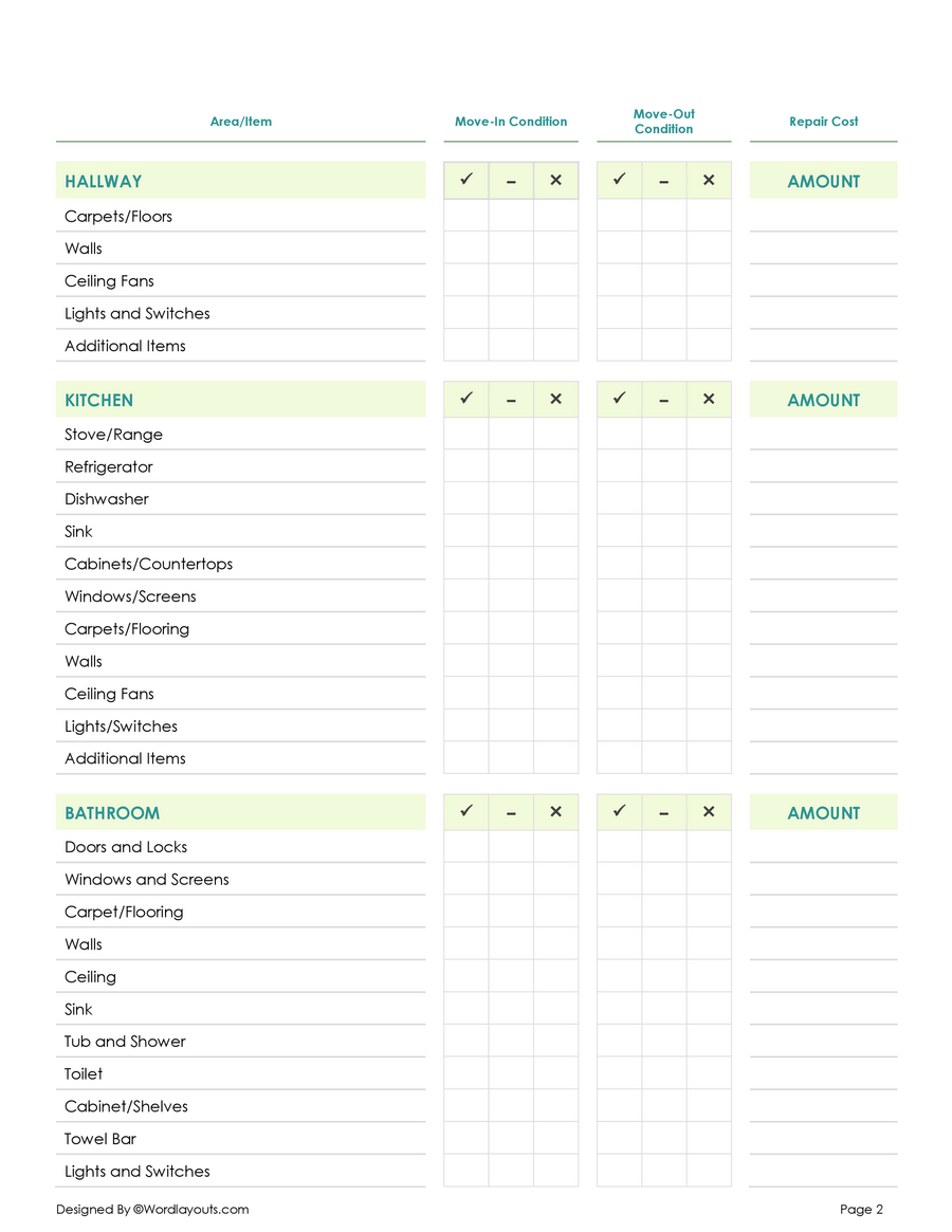Free Move-in / Move-out Checklists - Landlord - Tenant - WordLayouts