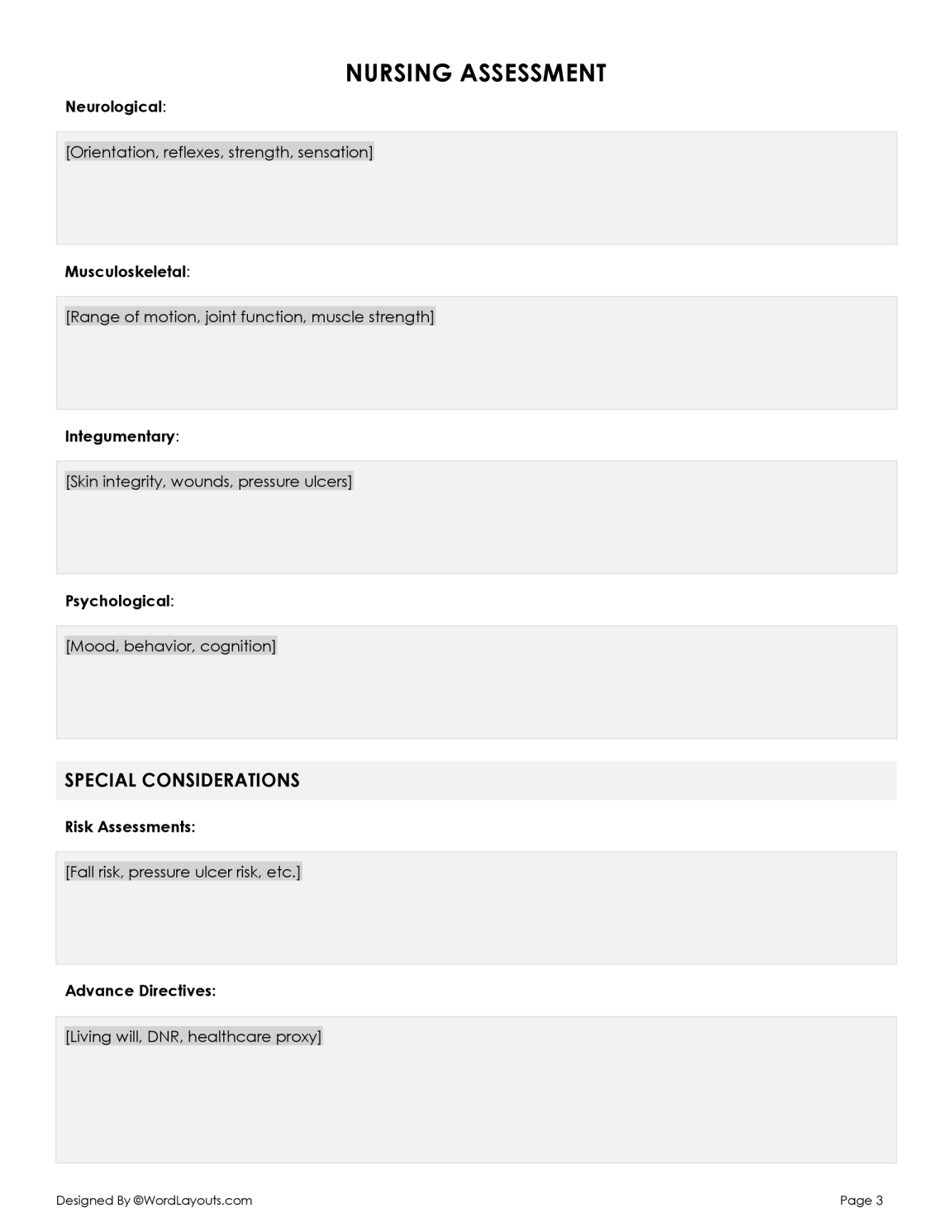 Free Nursing Assessment Form Template - WordLayouts