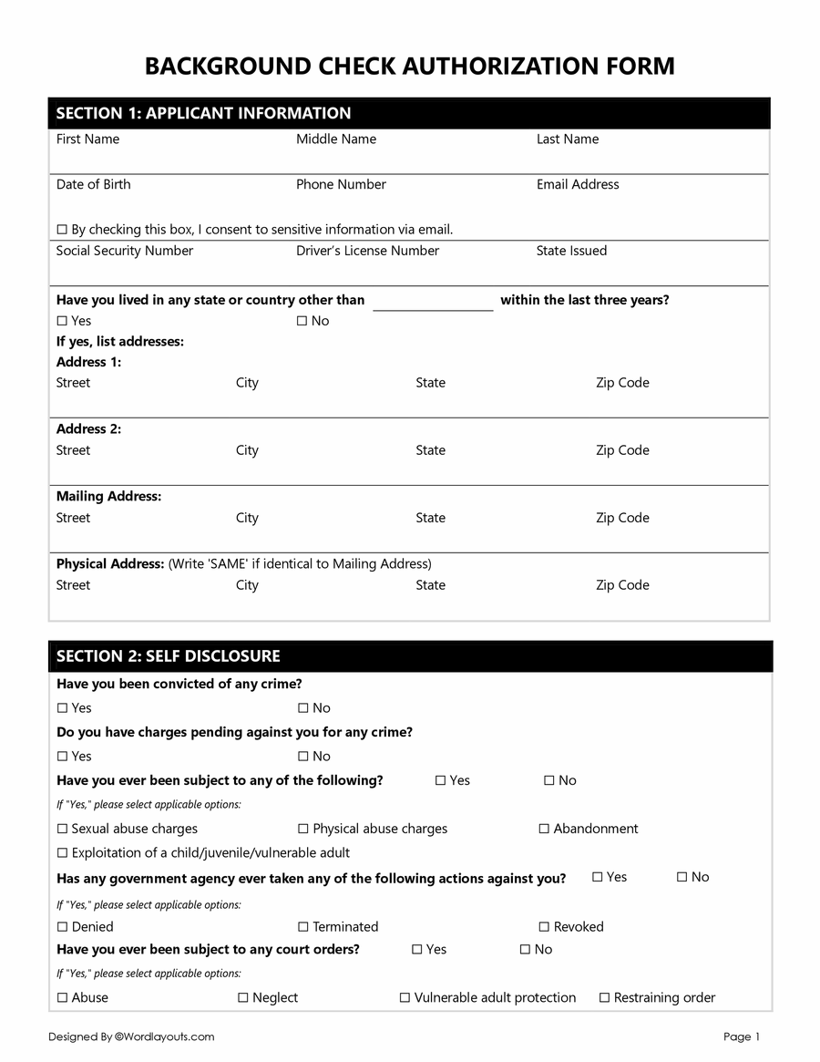 Free Background Check Authorization Forms - WordLayouts