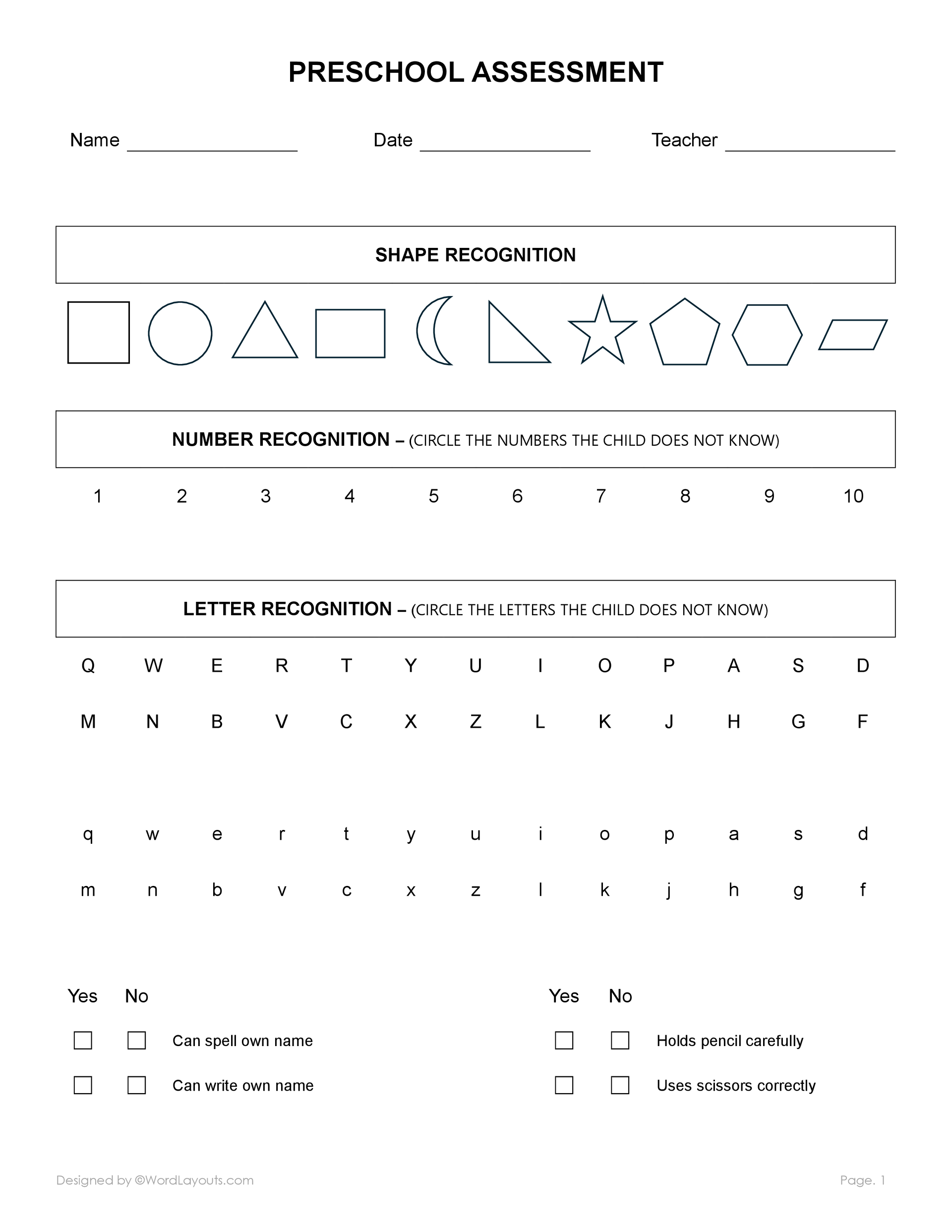 free-pre-school-assessment-templates-wordlayouts for Free Printable Kindergarten End Of Year Assessment Free Pre-School Assessment Templates - WordLayouts for Free Printable Kindergarten End Of Year Assessment