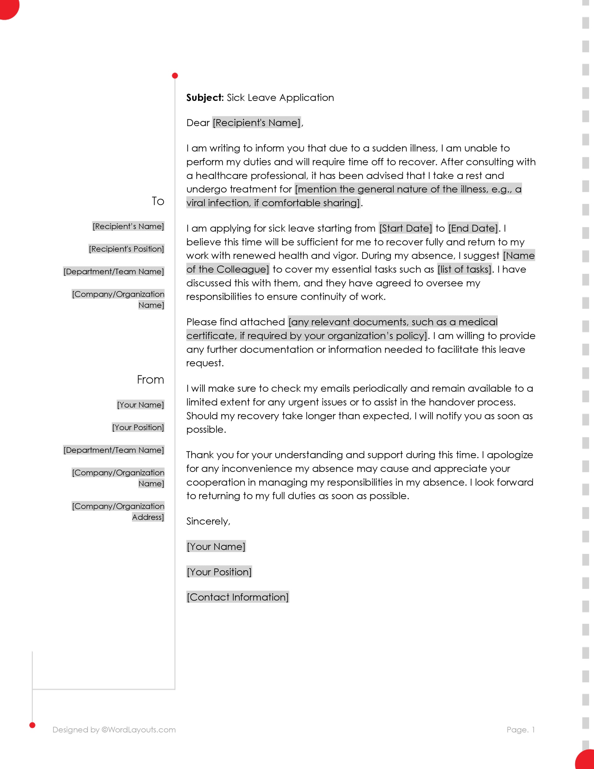 Free Office Sick Leave Application Template - Word and Google Docs