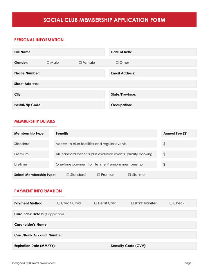 Free Membership Application Form Templates (6 Types) - WordLayouts