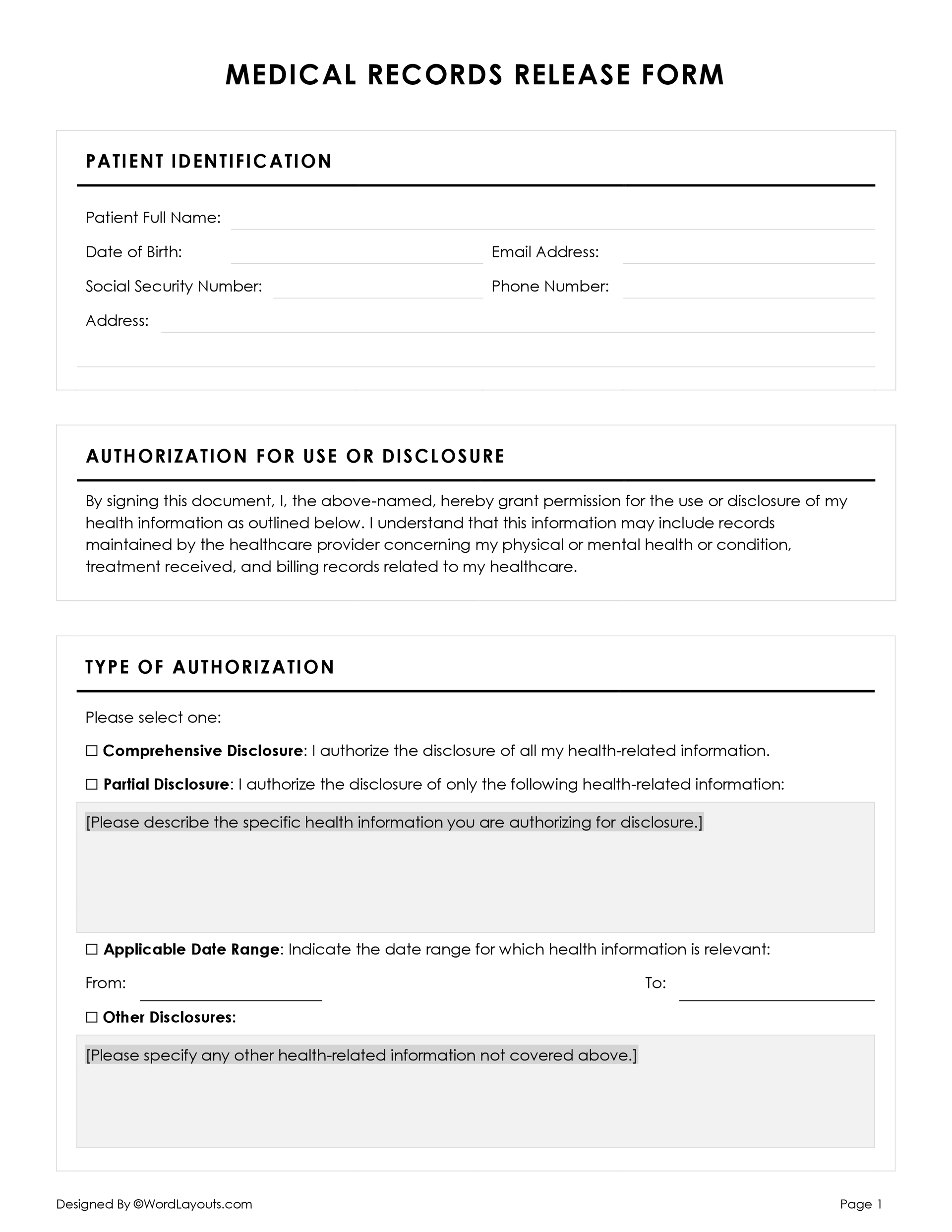 free-medical-records-release-authorization-forms-wordlayouts for Free Printable Medical History Forms Free Medical Records Release (Authorization) Forms - WordLayouts for Free Printable Medical History Forms