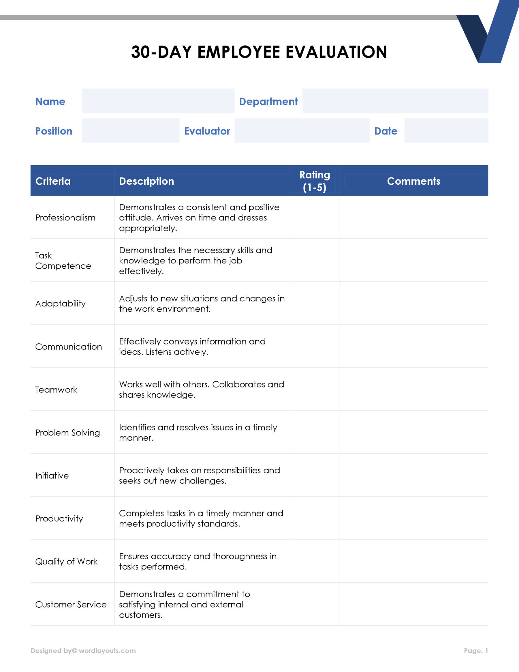 30Day Employee Review Form Template WordLayouts