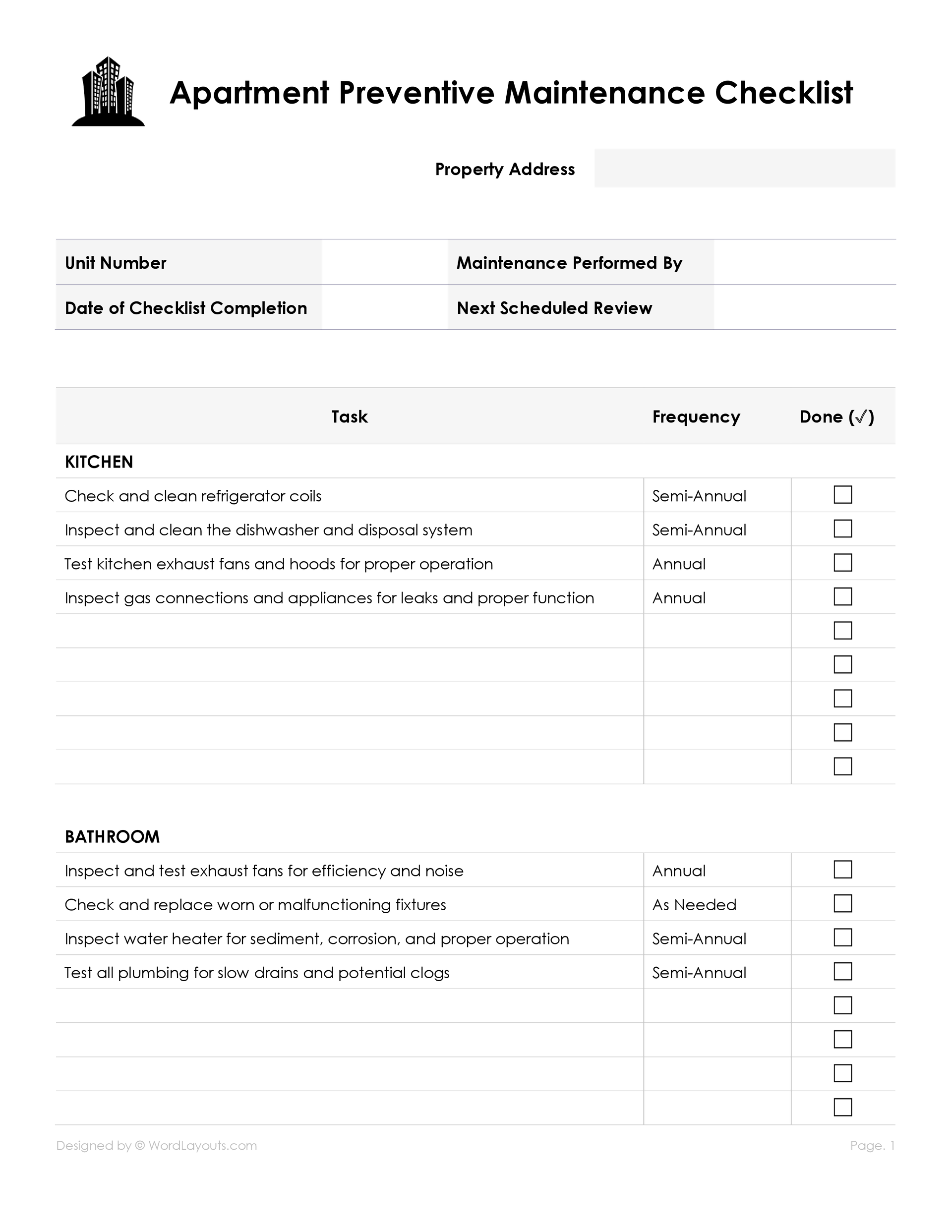 Apartment Preventive Maintenance Checklist Template