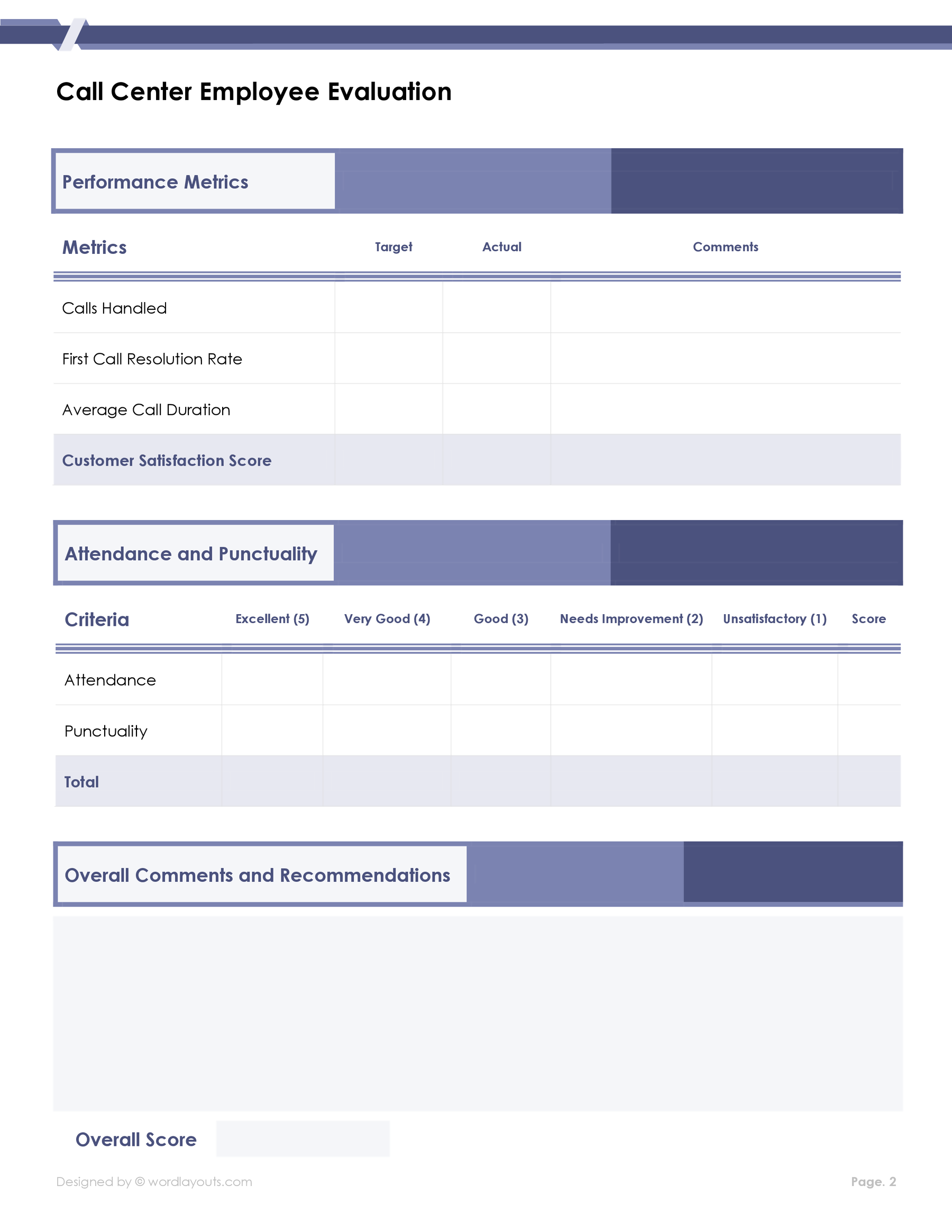Call Center Employee Evaluation Form Template - WordLayouts