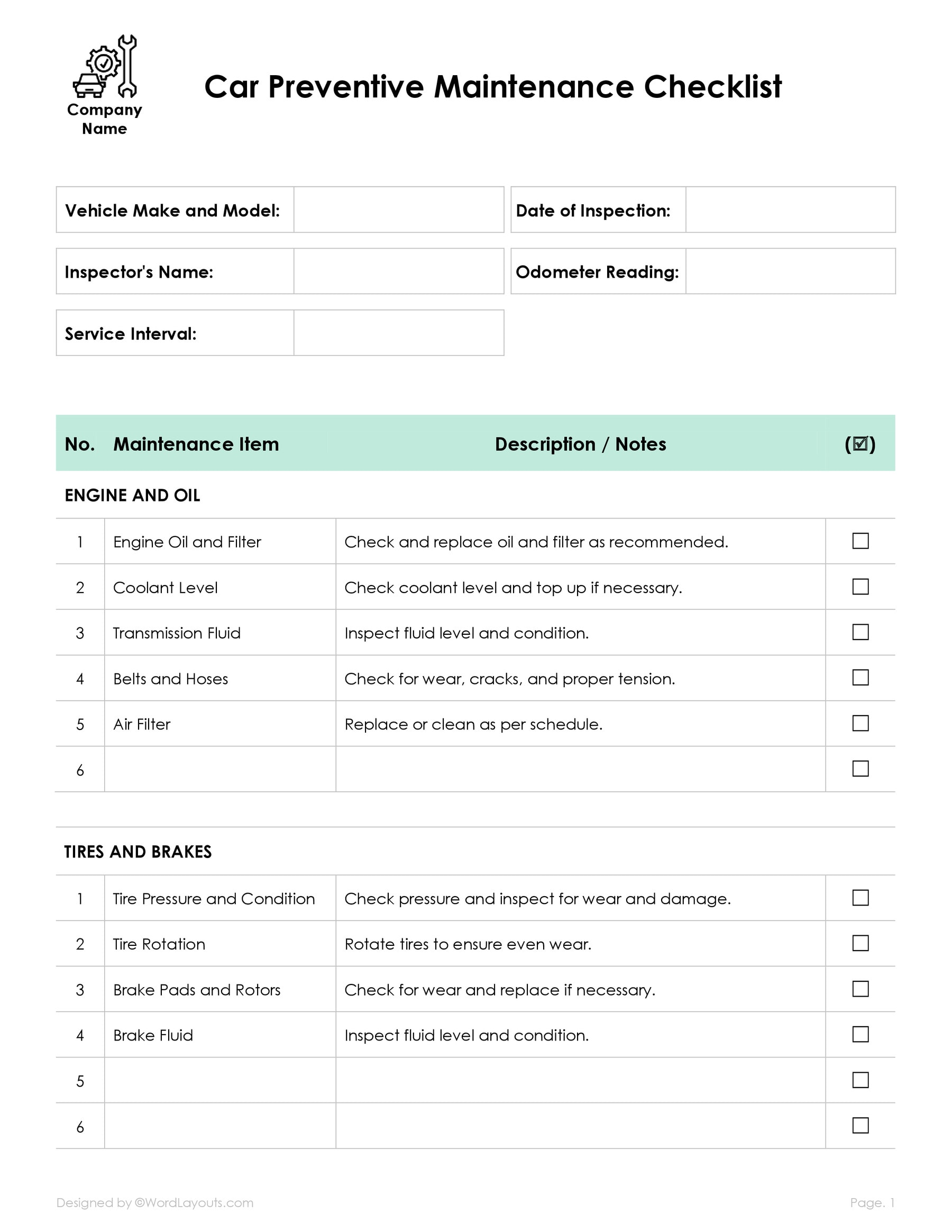 Free Hotel Preventive Maintenance Checklist WordLayouts