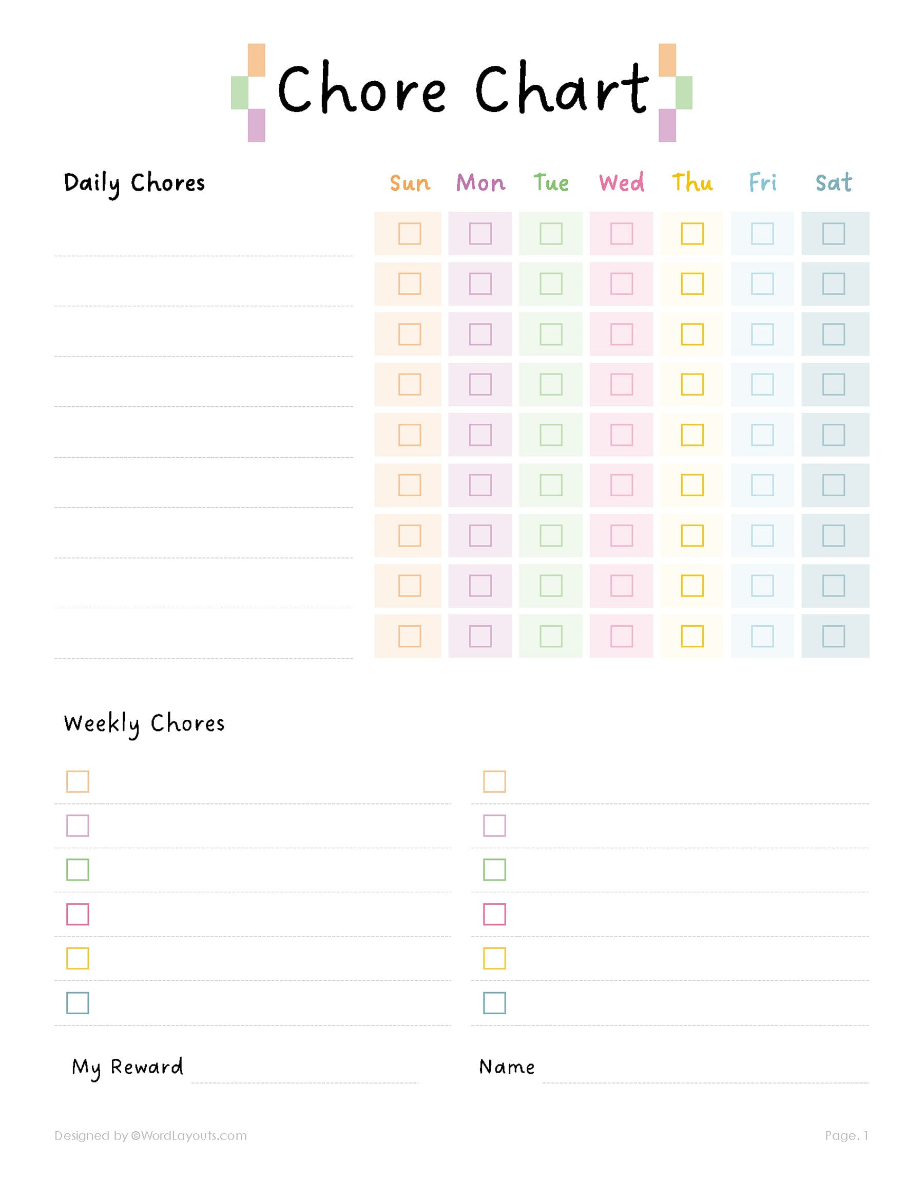 printable chore chart template for teens - wordlayouts