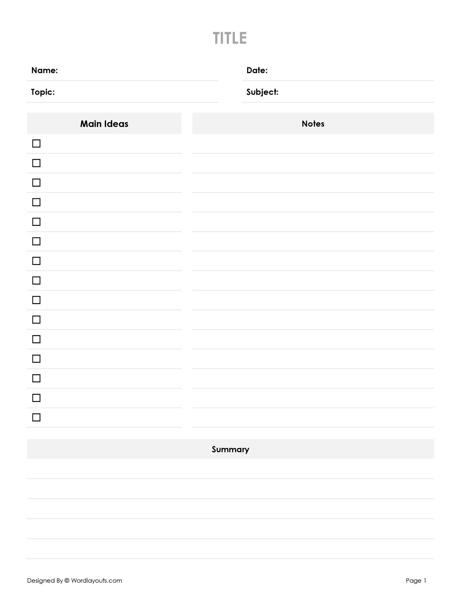 Cornell Pro Notes Template - WordLayouts