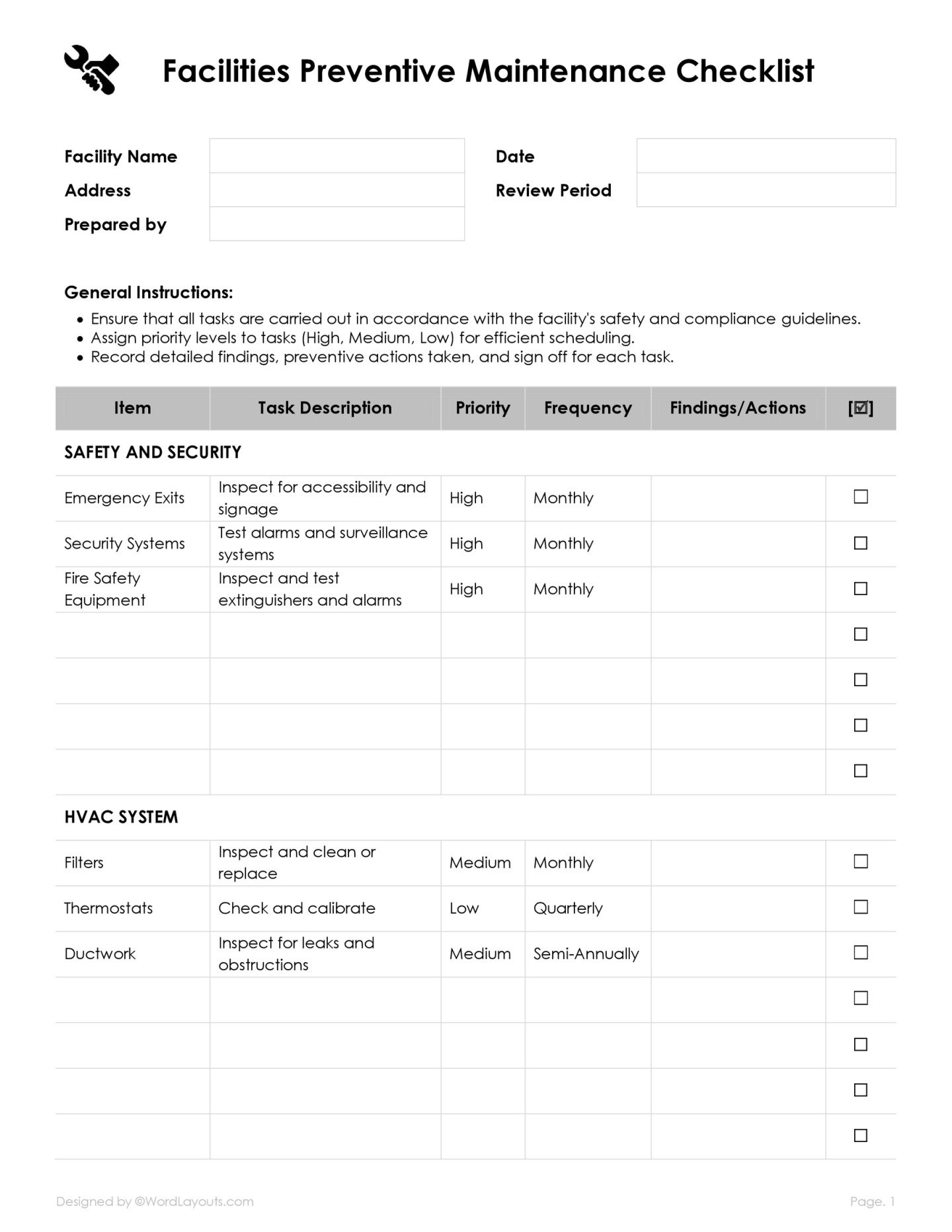 Facilities Preventive Maintenance Checklist Template