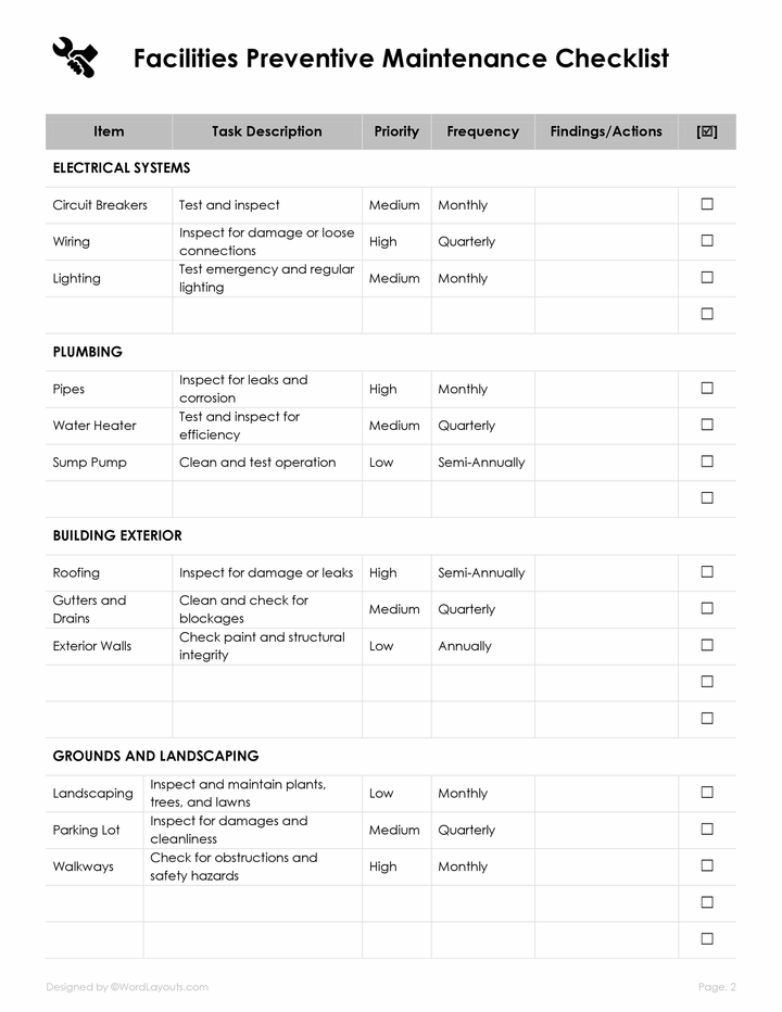 Facilities Preventive Maintenance Checklist Template
