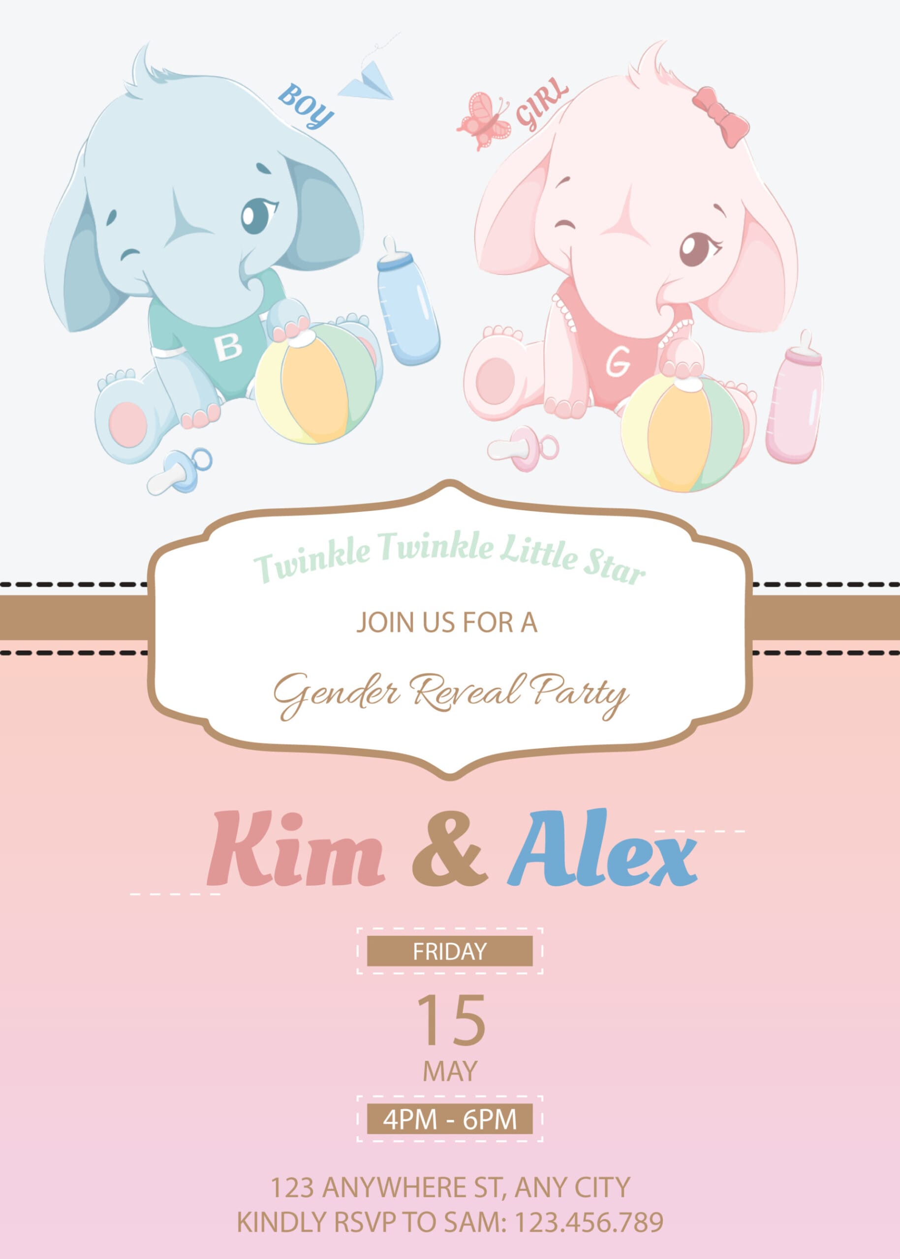 Twinkle Twinkle Little Star: Cute Elephant-Themed Gender Reveal Invitation  Template - WordLayouts, image size:1829x2560