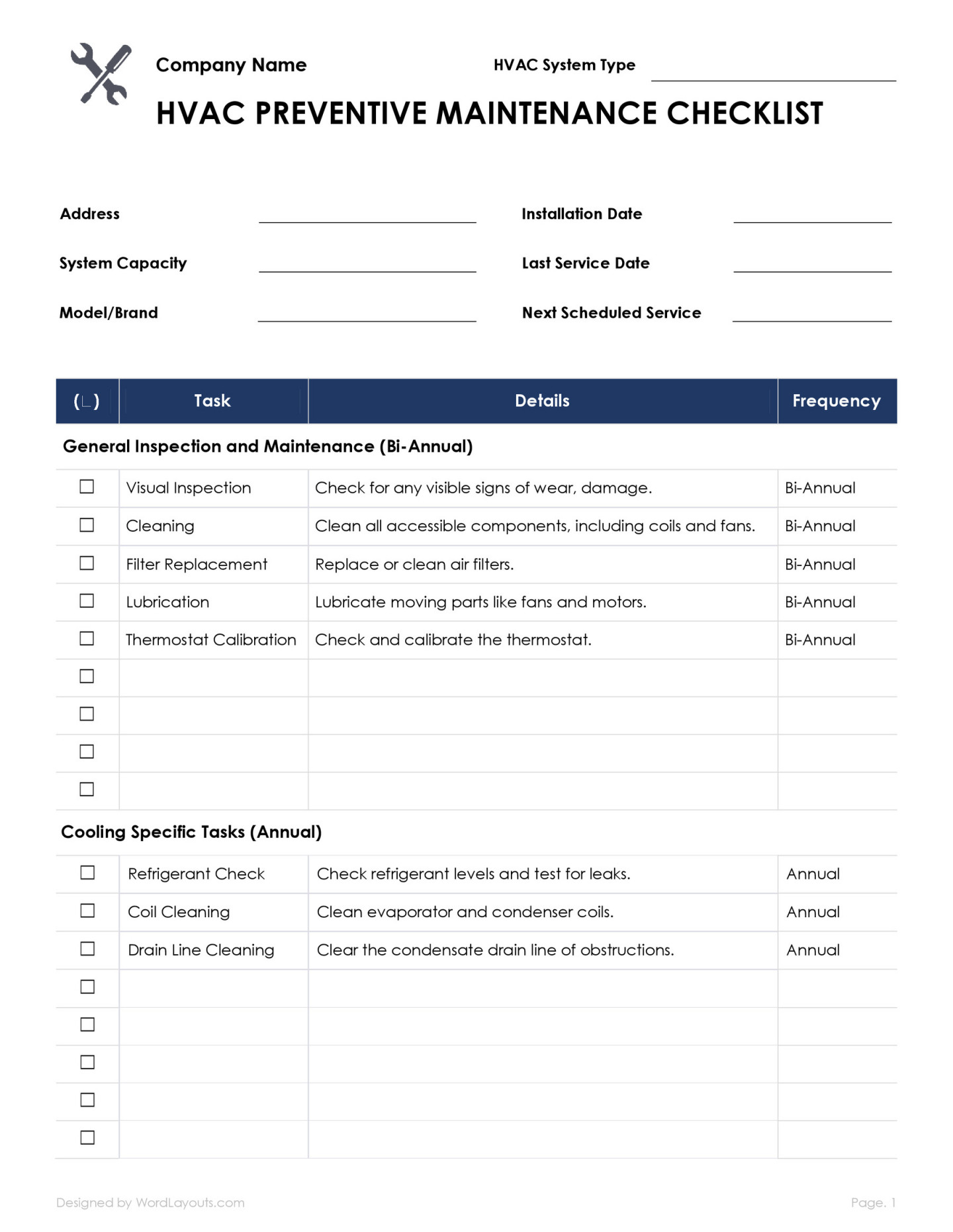 Free Maintenance Checklists - Edit and Print - WordLayouts