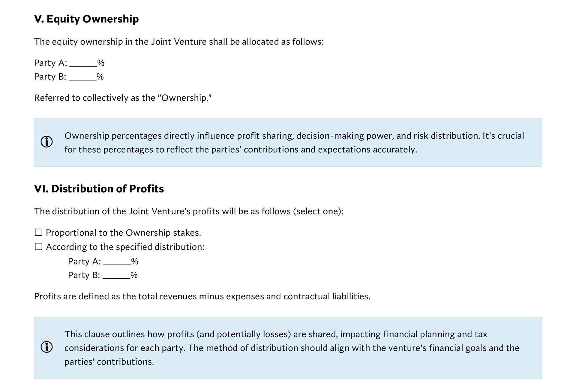 Equity Ownership, Distribution of Profits on Joint Venture Agreement Template