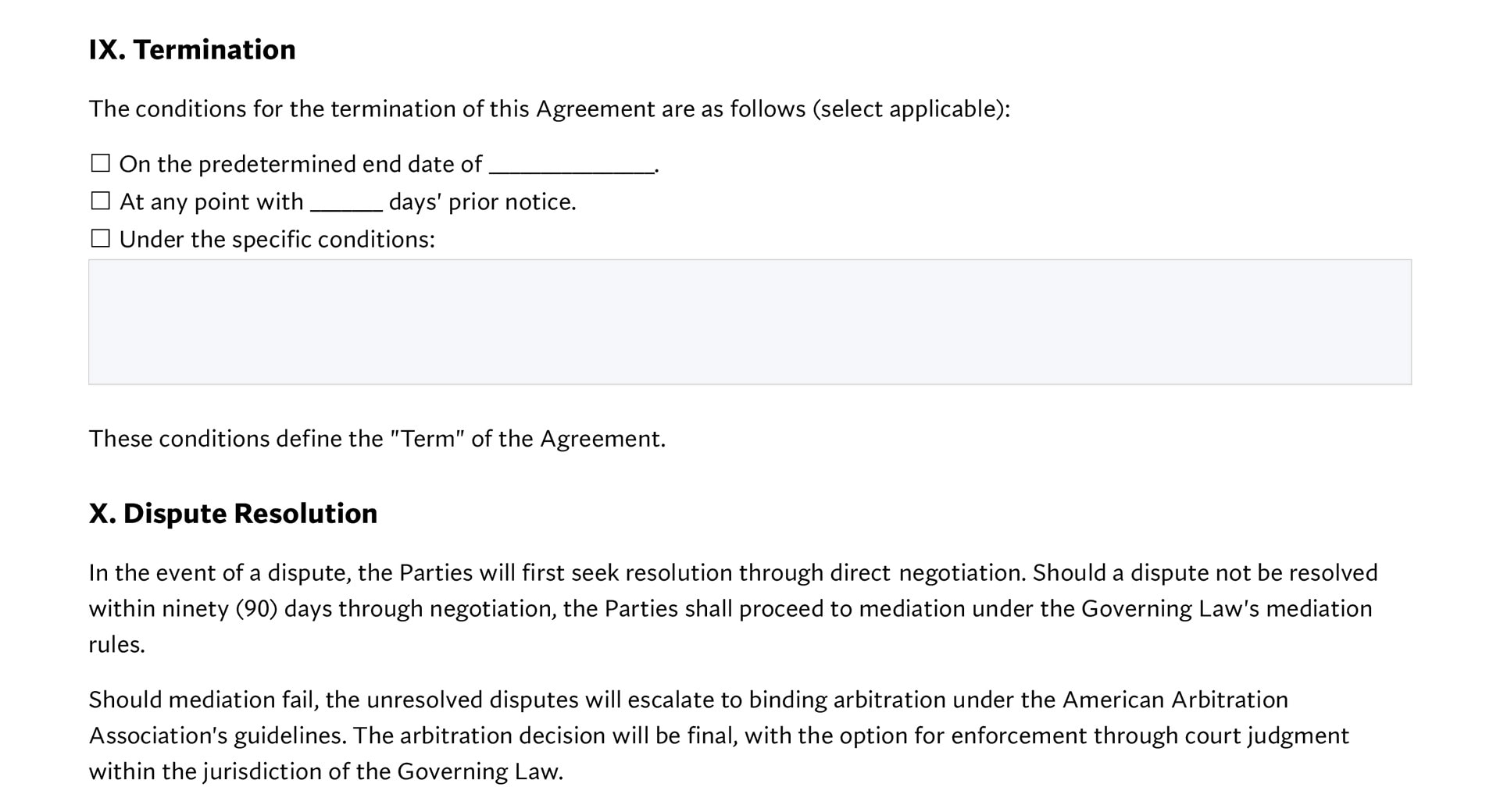 Termination,Dispute Resolution on Joint Venture Agreement Template