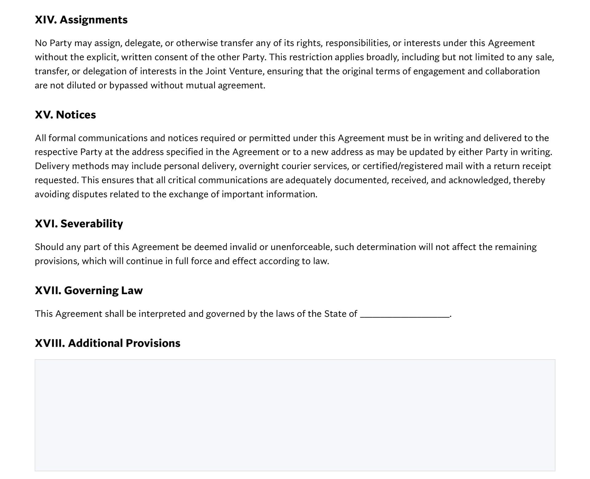 Assignments,Notices,Severability,Governing Law,Additional Provisions on Joint Venture Agreement Template