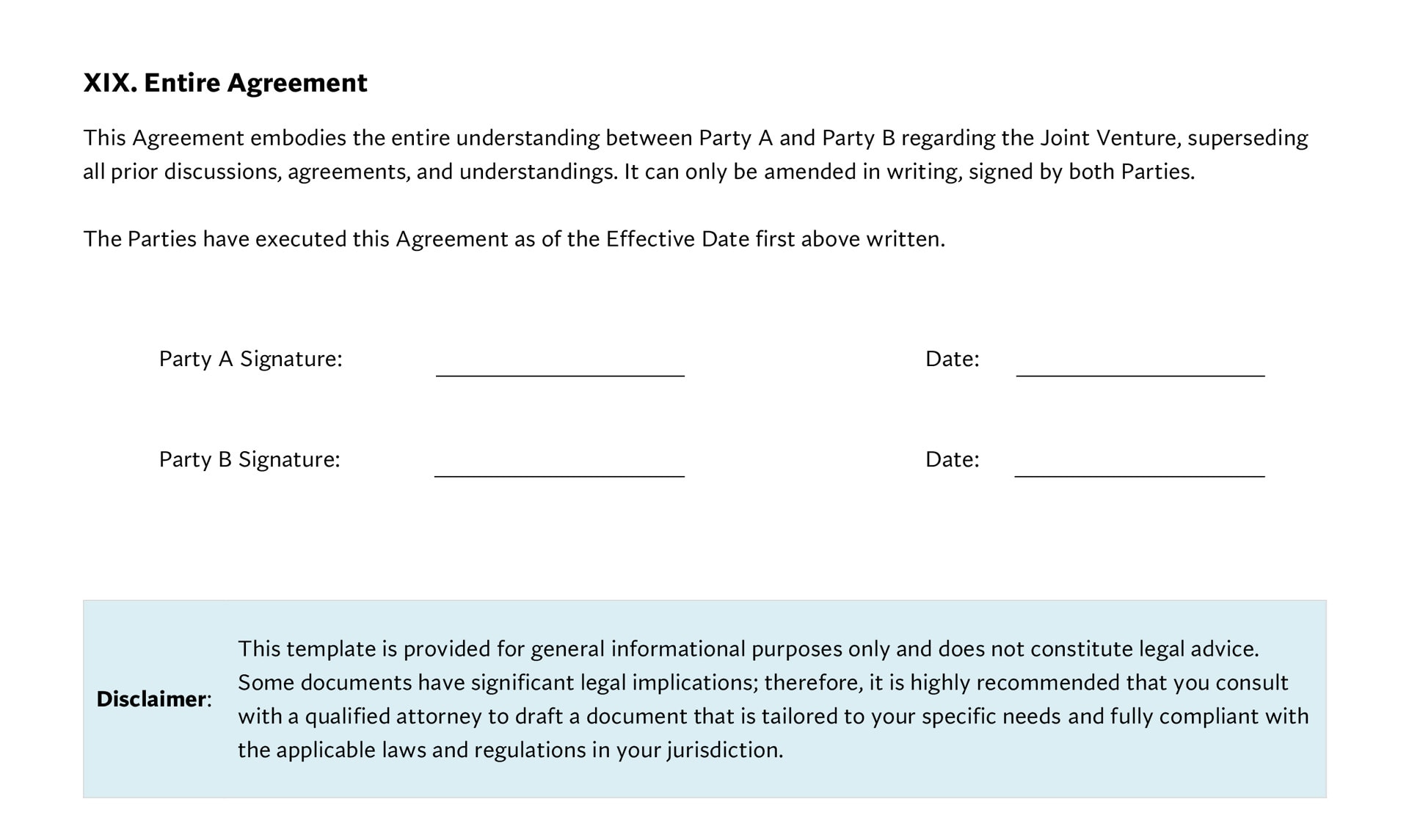 Entire Agreement on Joint Venture Agreement Template