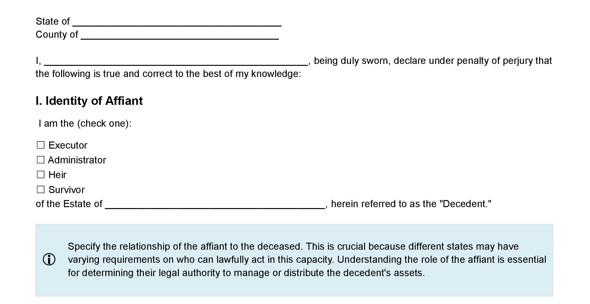 Identity of Affiant on Affidavit of Death Form