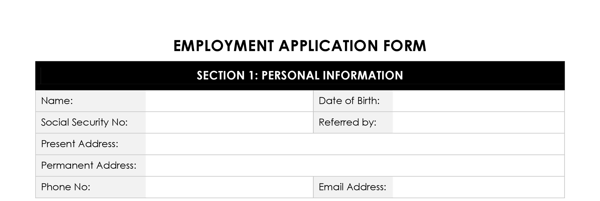 Free Employment Application Form Template - WordLayouts