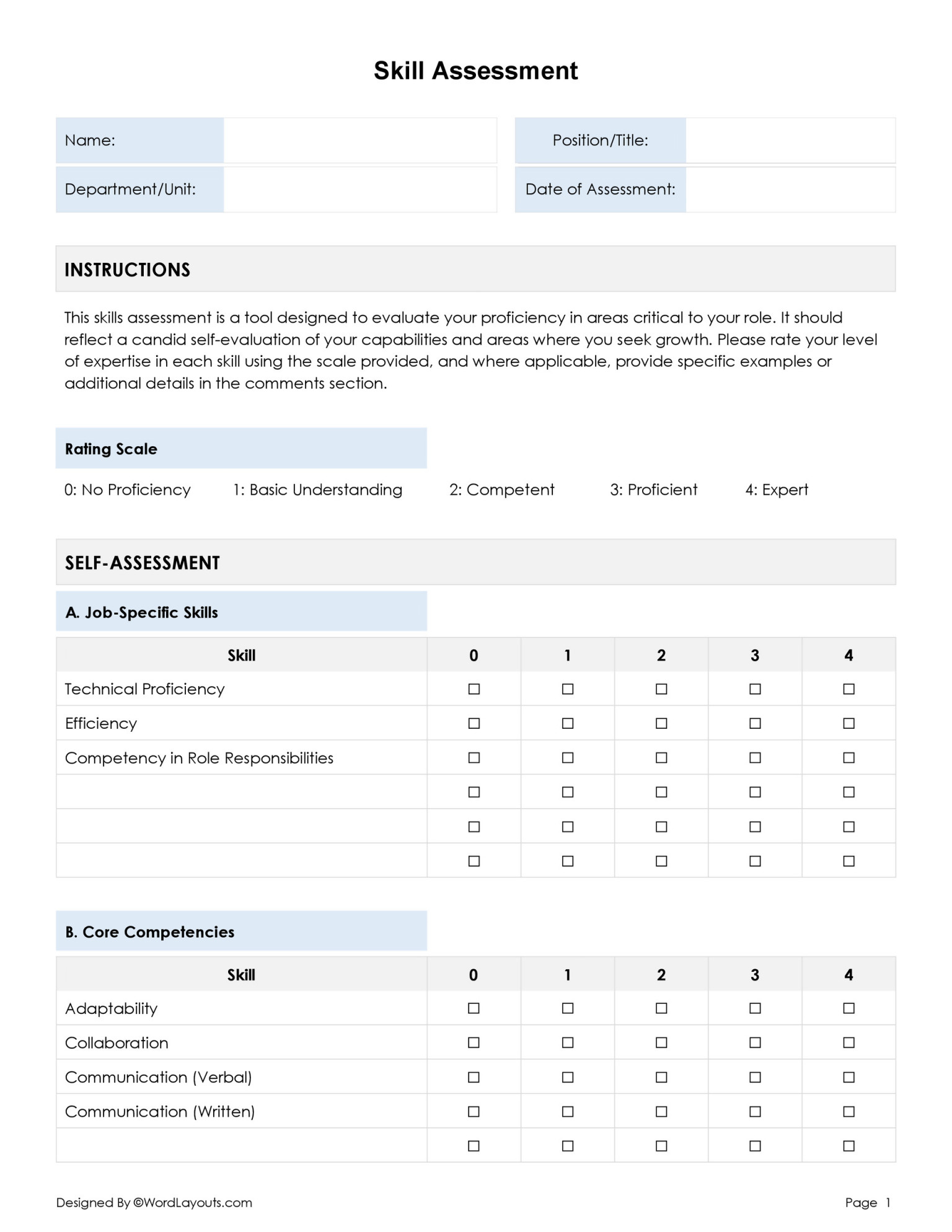 Free Skills Assessment Form Template - WordLayouts