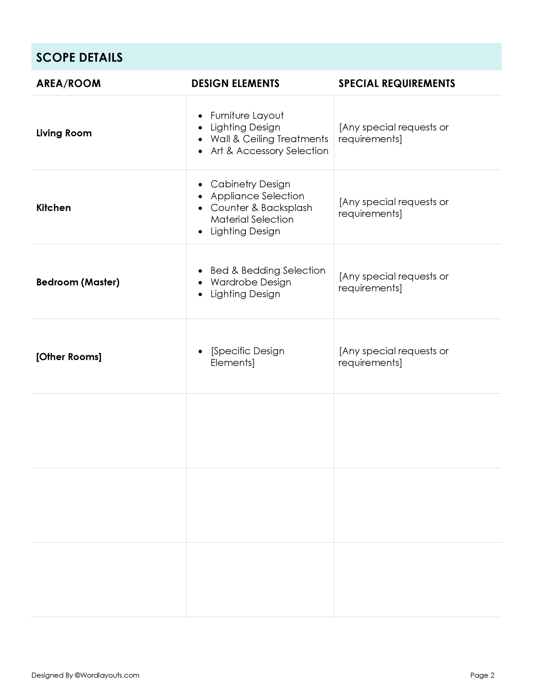 Interior Design Scope of Work Template - WordLayouts