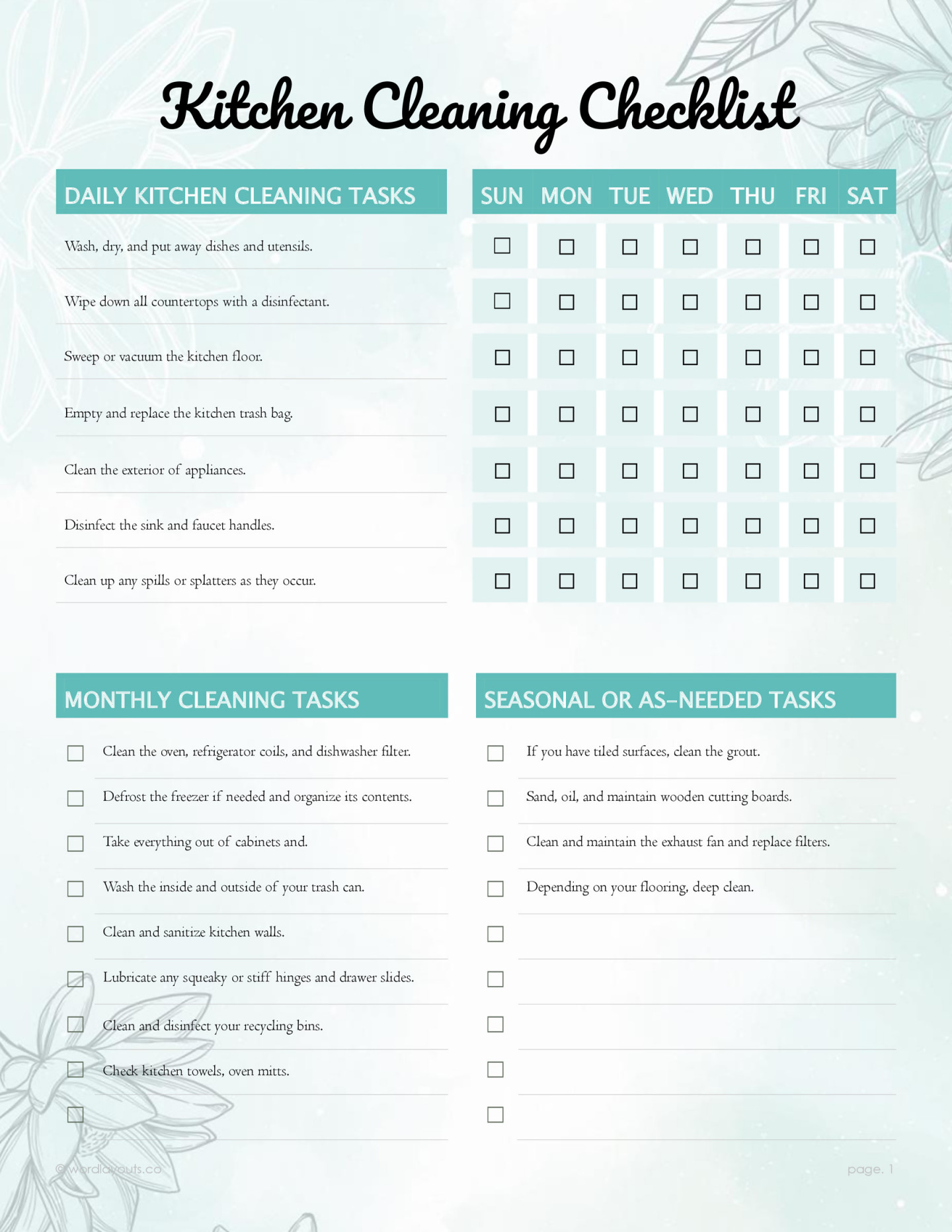 Free Kitchen Cleaning Checklist Template - WordLayouts