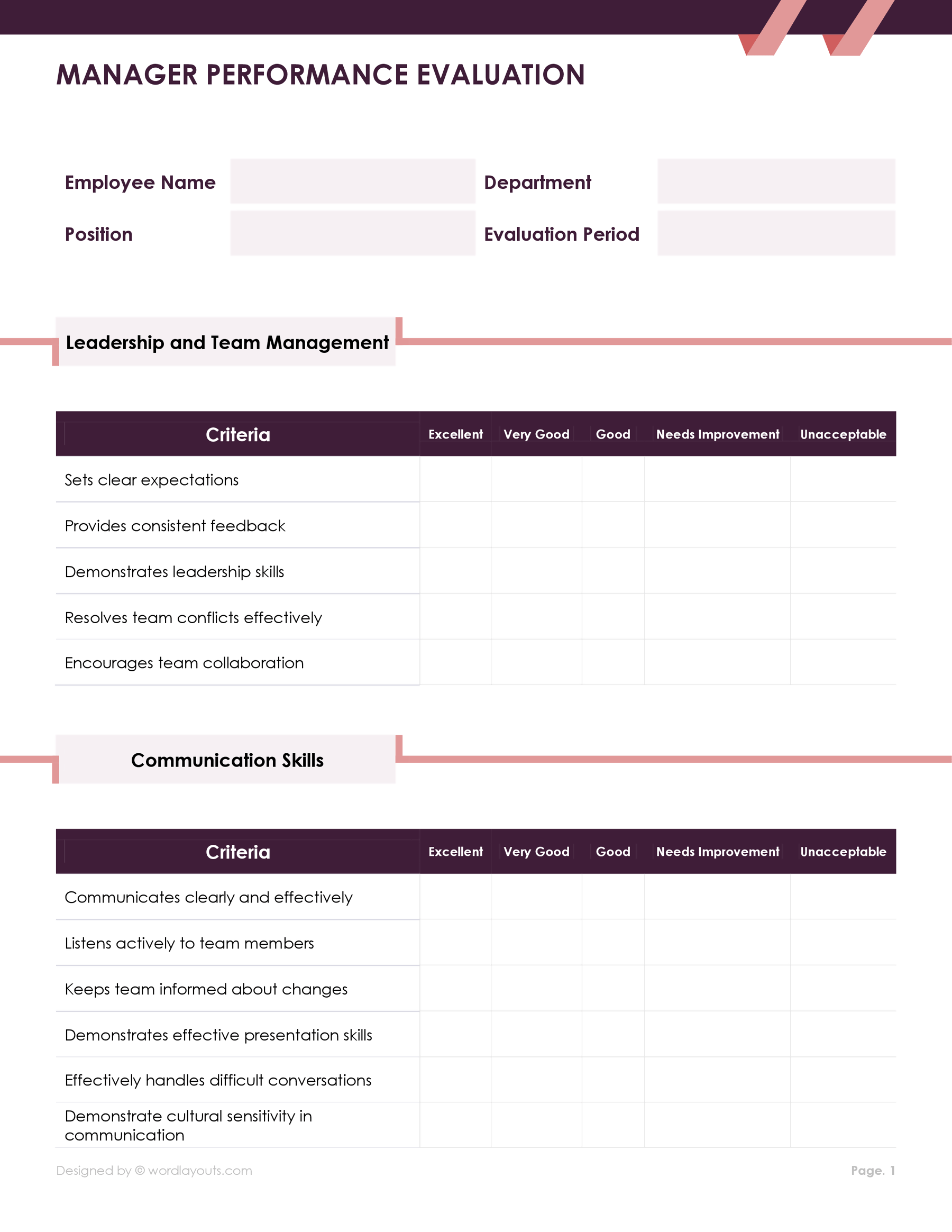 Free Manager Performance Evaluation Template - WordLayouts