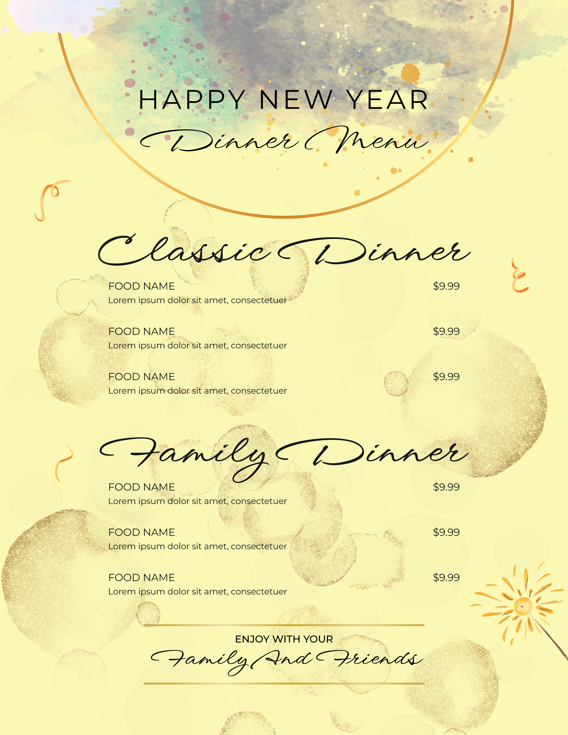 Elegant Pastel Yellow New Year Food Menu Template - WordLayouts